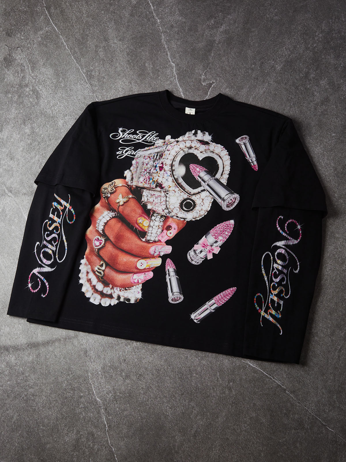 NOISSEY Rhinestone Gun & Pink Lipstick Graphic Faux Layer Long Sleeve Tee – Black