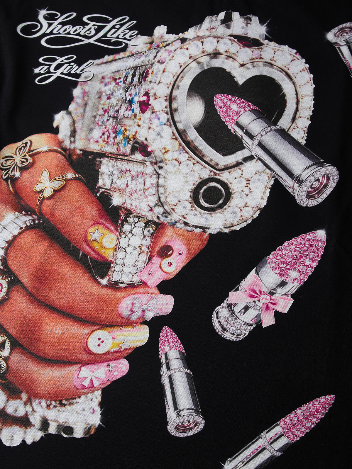 NOISSEY Rhinestone Gun & Pink Lipstick Graphic Faux Layer Long Sleeve Tee – Black