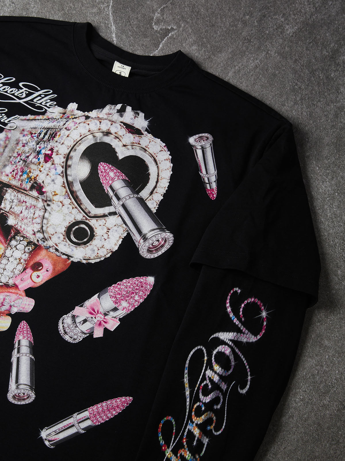 NOISSEY Rhinestone Gun & Pink Lipstick Graphic Faux Layer Long Sleeve Tee – Black