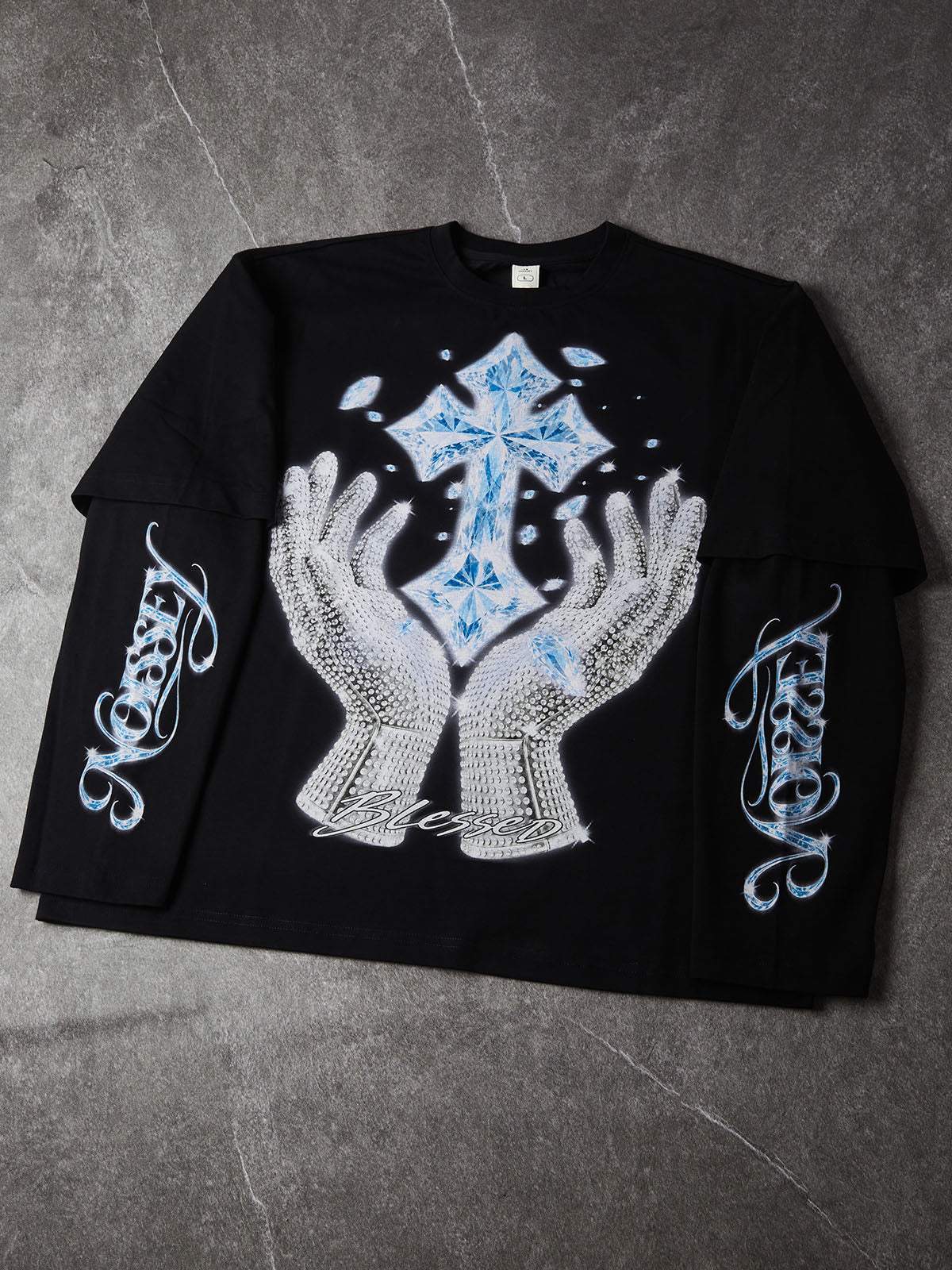 NOISSEY "Blessed Cross" Rhinestone Glove & Blue Crystal Cross Black Fake Two-Piece Long-Sleeve Tee