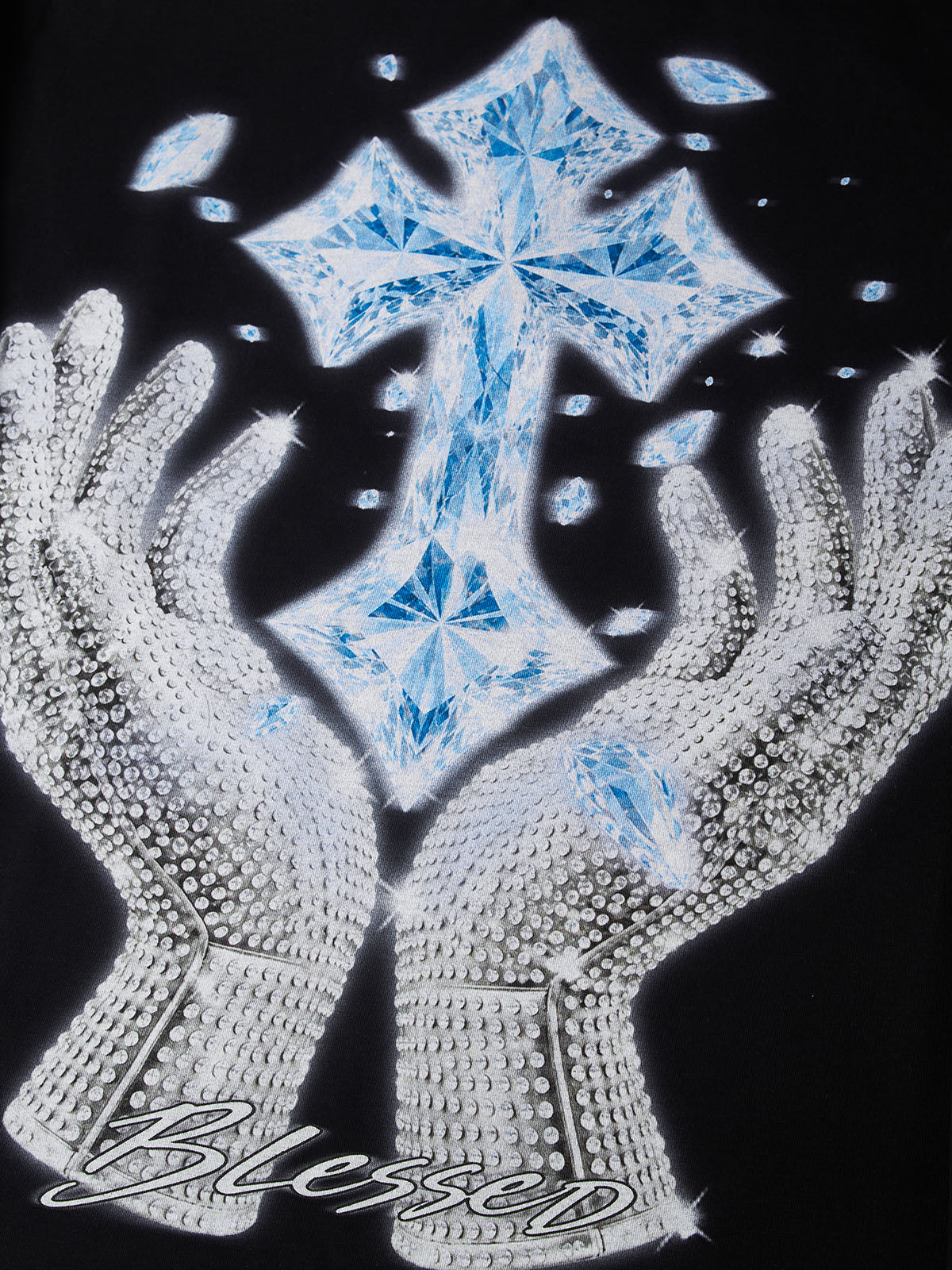 NOISSEY "Blessed Cross" Rhinestone Glove & Blue Crystal Cross Black Fake Two-Piece Long-Sleeve Tee