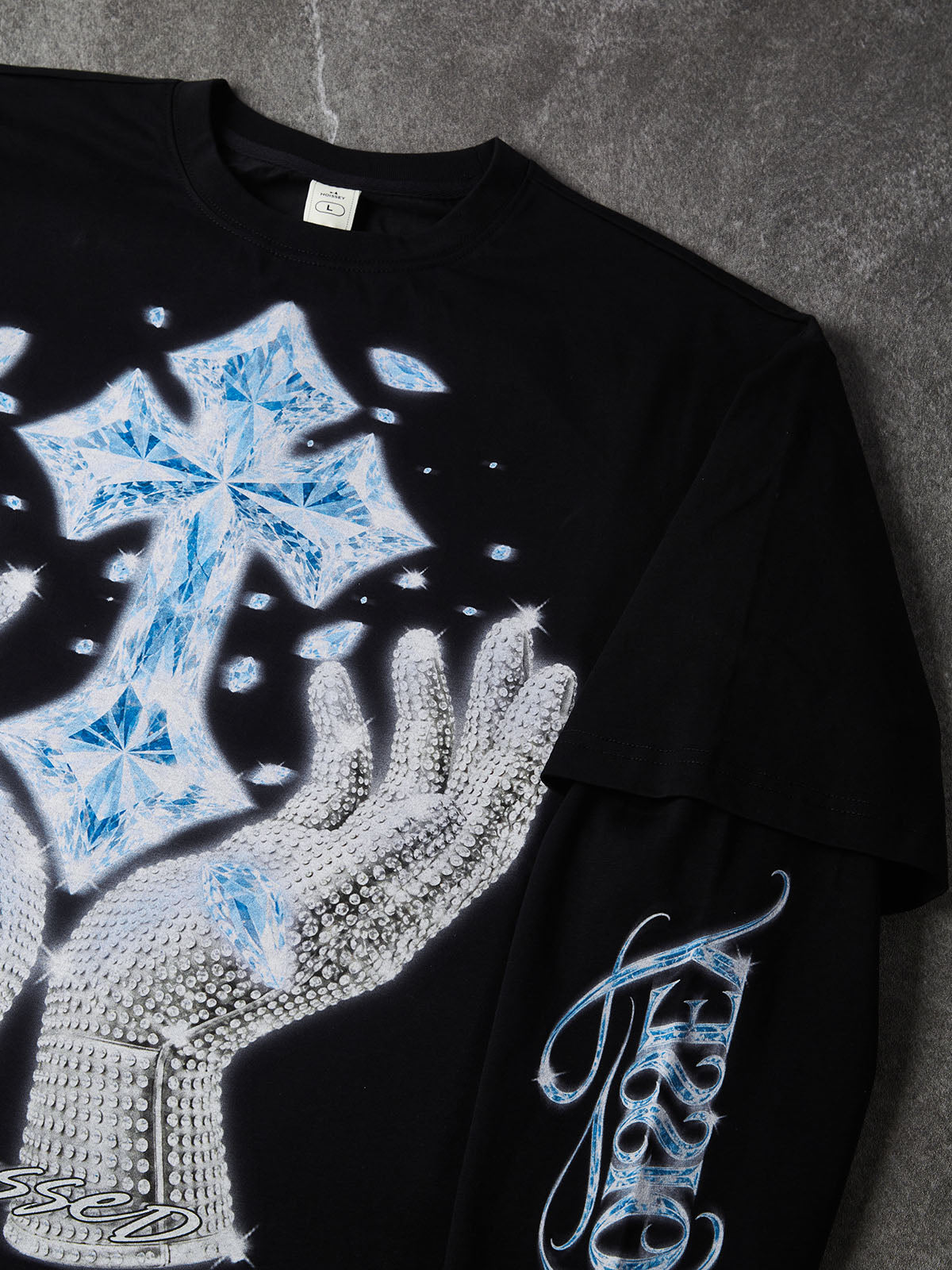 NOISSEY "Blessed Cross" Rhinestone Glove & Blue Crystal Cross Black Fake Two-Piece Long-Sleeve Tee