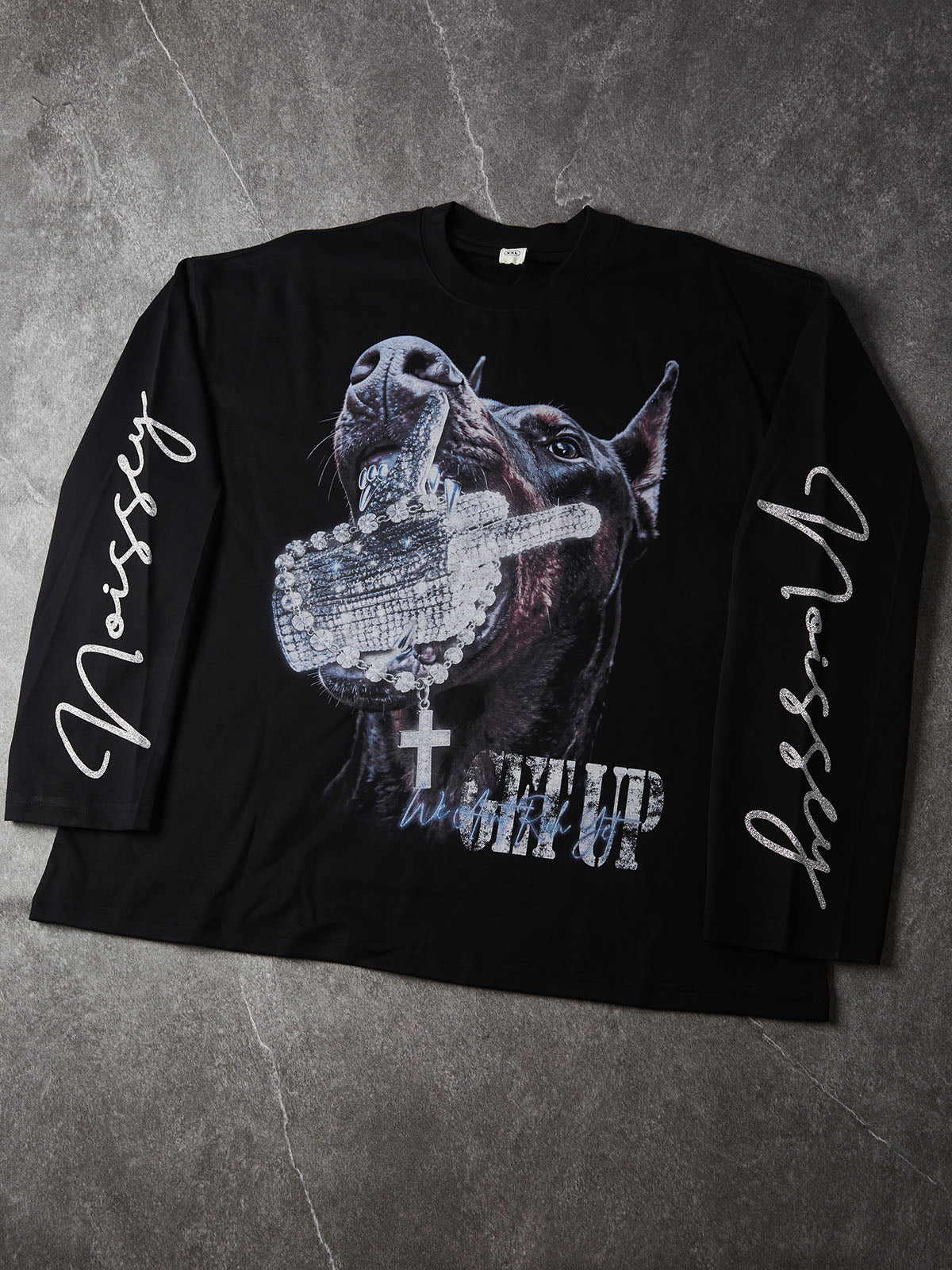 NOISSEY "GET UP" Doberman & Diamond Hand Black Long Sleeve Tee