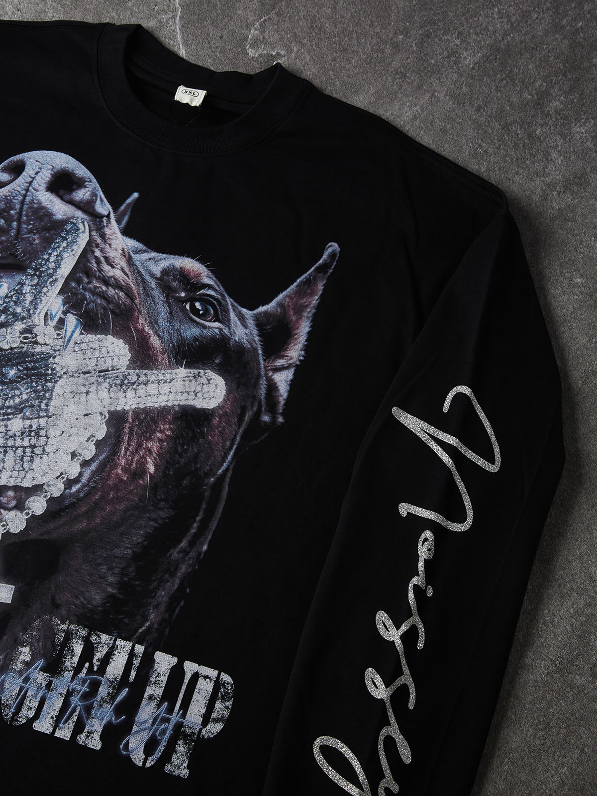 NOISSEY "GET UP" Doberman & Diamond Hand Black Long Sleeve Tee