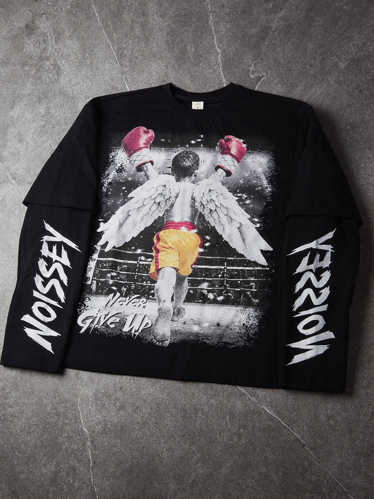 NOISSEY "Never Give Up" Boxing Angel Kid Faux Layer Black Long Sleeve Tee