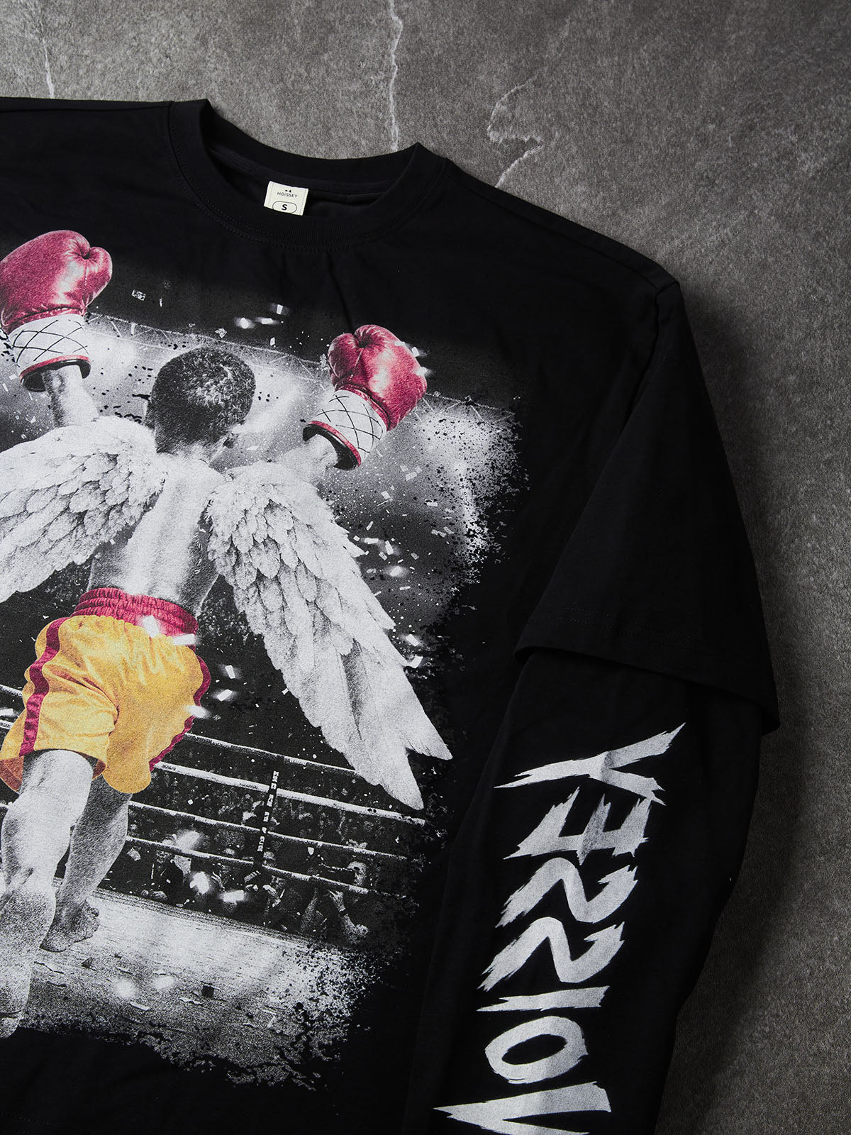 NOISSEY "Never Give Up" Boxing Angel Kid Faux Layer Black Long Sleeve Tee