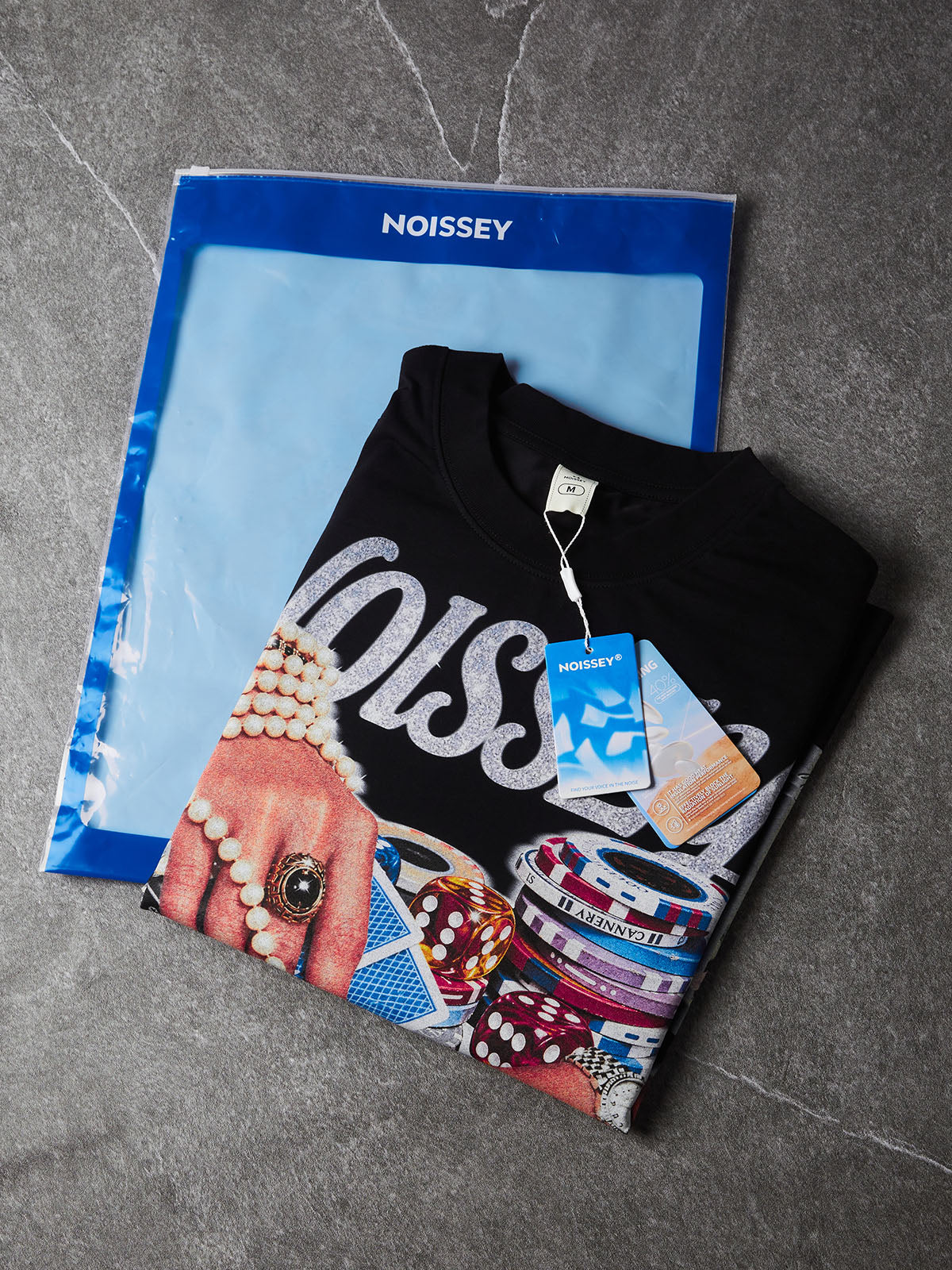 NOISSEY "High Roller" Pearl Bracelets & Poker Hands Graphic Black Oversized T-Shirt