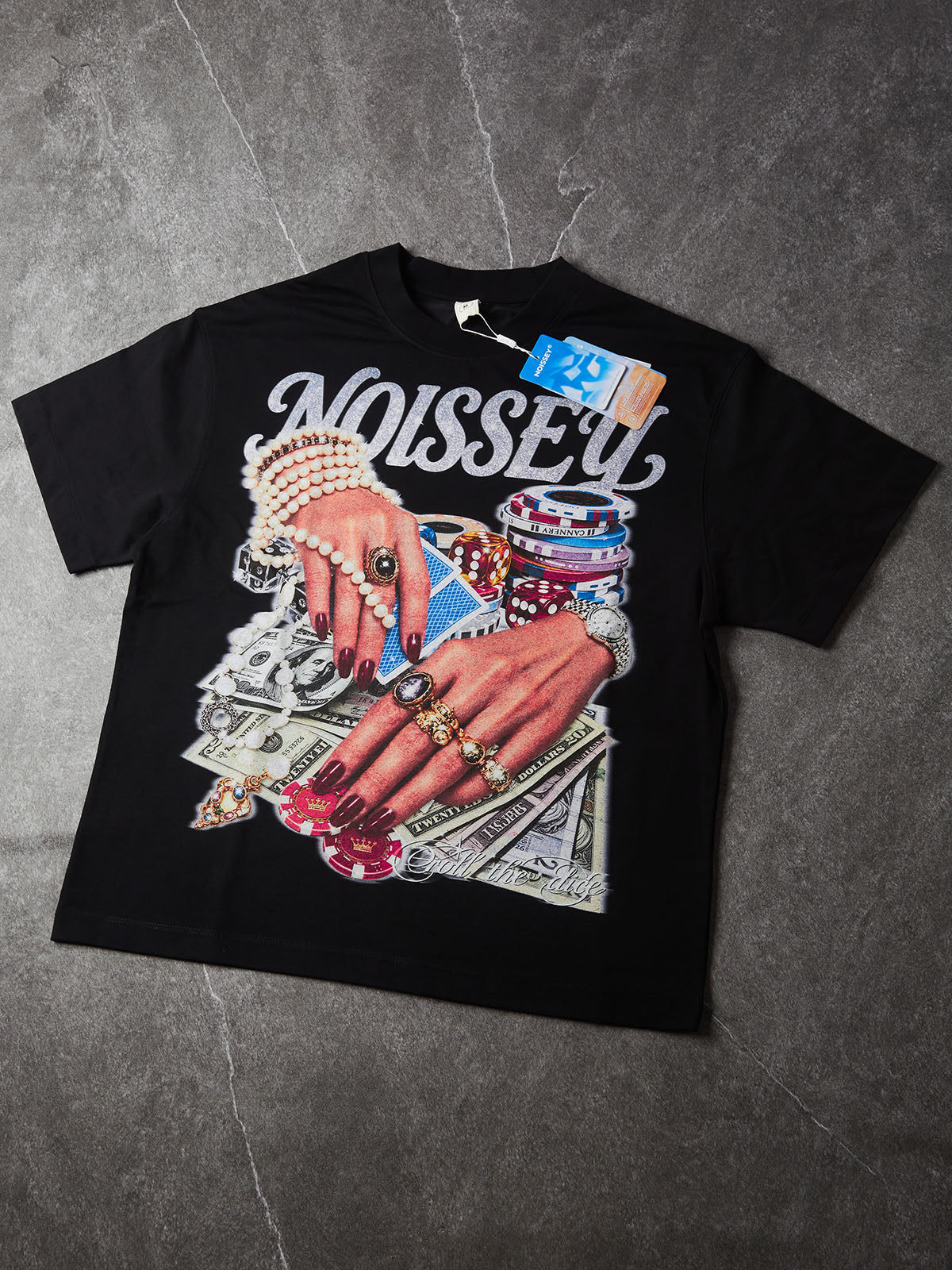 NOISSEY "High Roller" Pearl Bracelets & Poker Hands Graphic Black Oversized T-Shirt