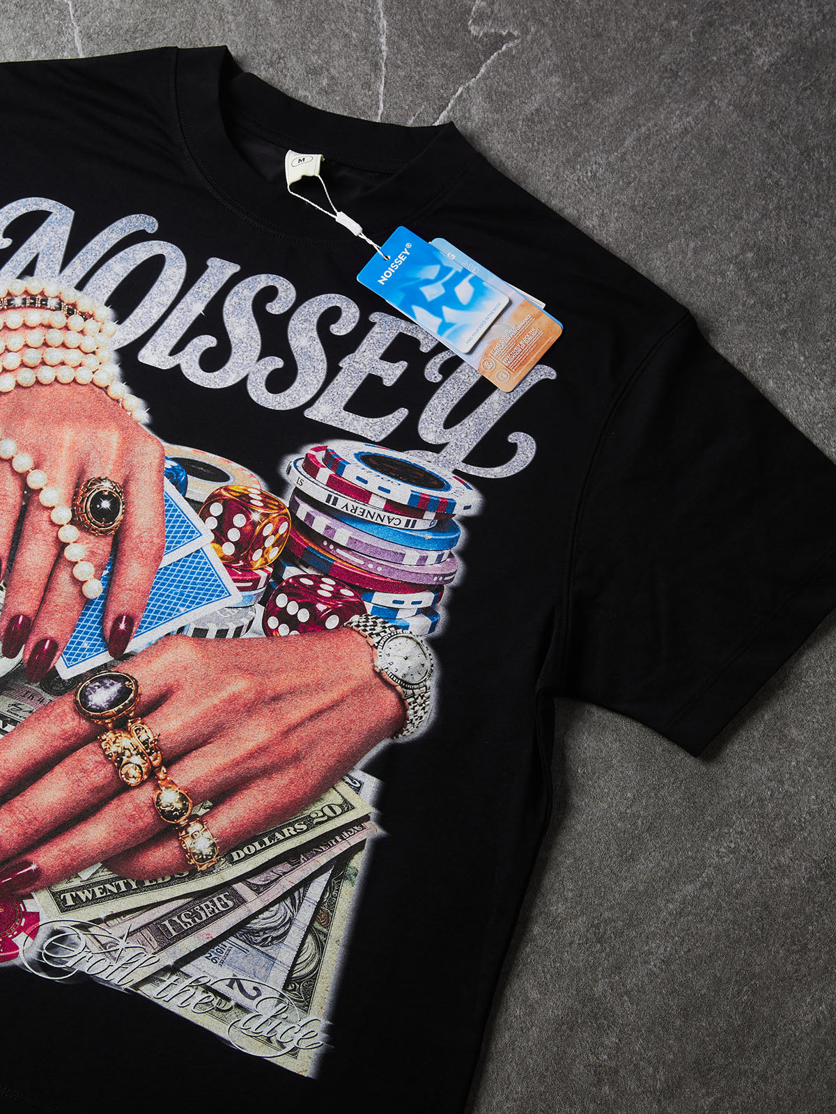 NOISSEY "High Roller" Pearl Bracelets & Poker Hands Graphic Black Oversized T-Shirt