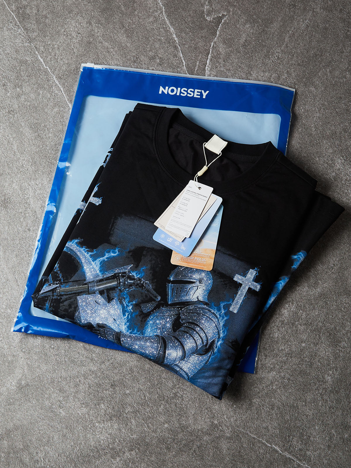 NOISSEY Iced-Out Knight & Motocross Blue Flame Cross Faux Layer Long Sleeve Tee
