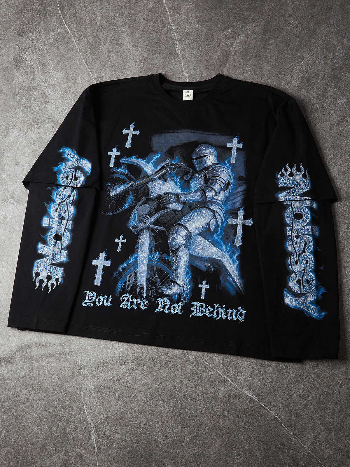 NOISSEY Iced-Out Knight & Motocross Blue Flame Cross Faux Layer Long Sleeve Tee