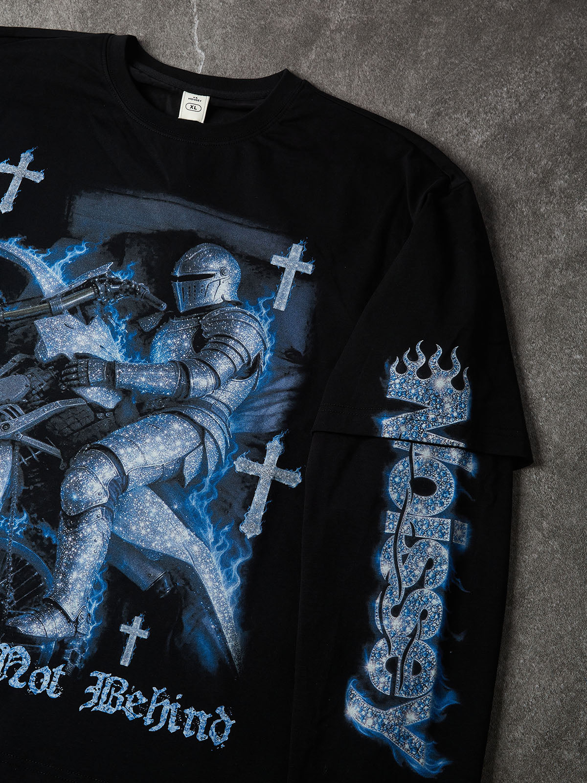 NOISSEY Iced-Out Knight & Motocross Blue Flame Cross Faux Layer Long Sleeve Tee