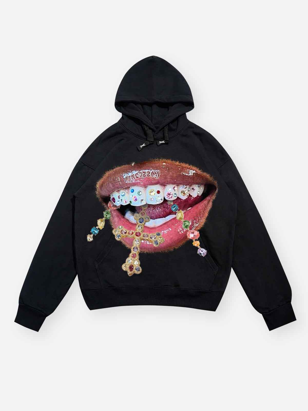 Diamond teeth cross print 420g white Hoodie