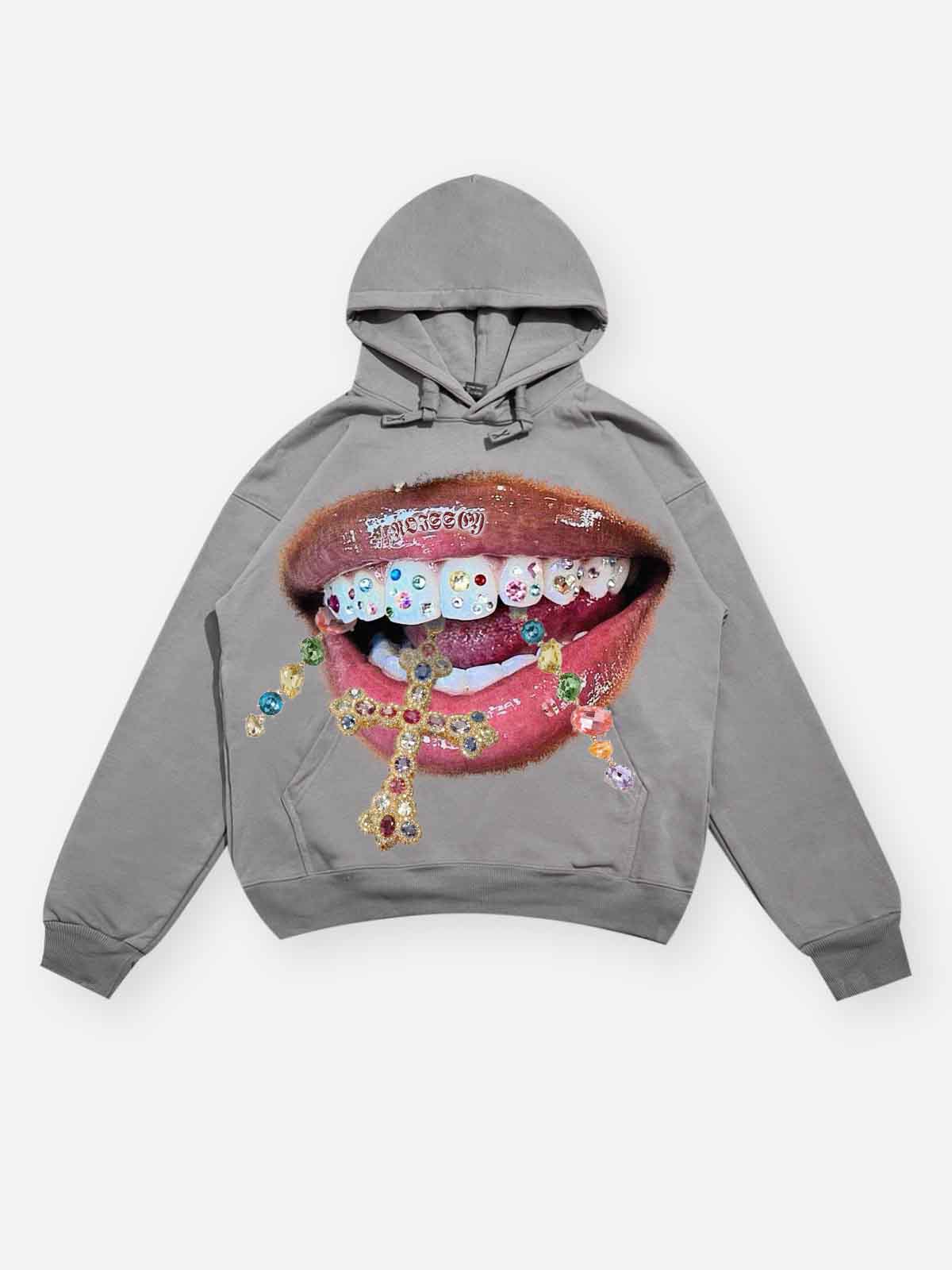 Diamond teeth cross print 420g white Hoodie