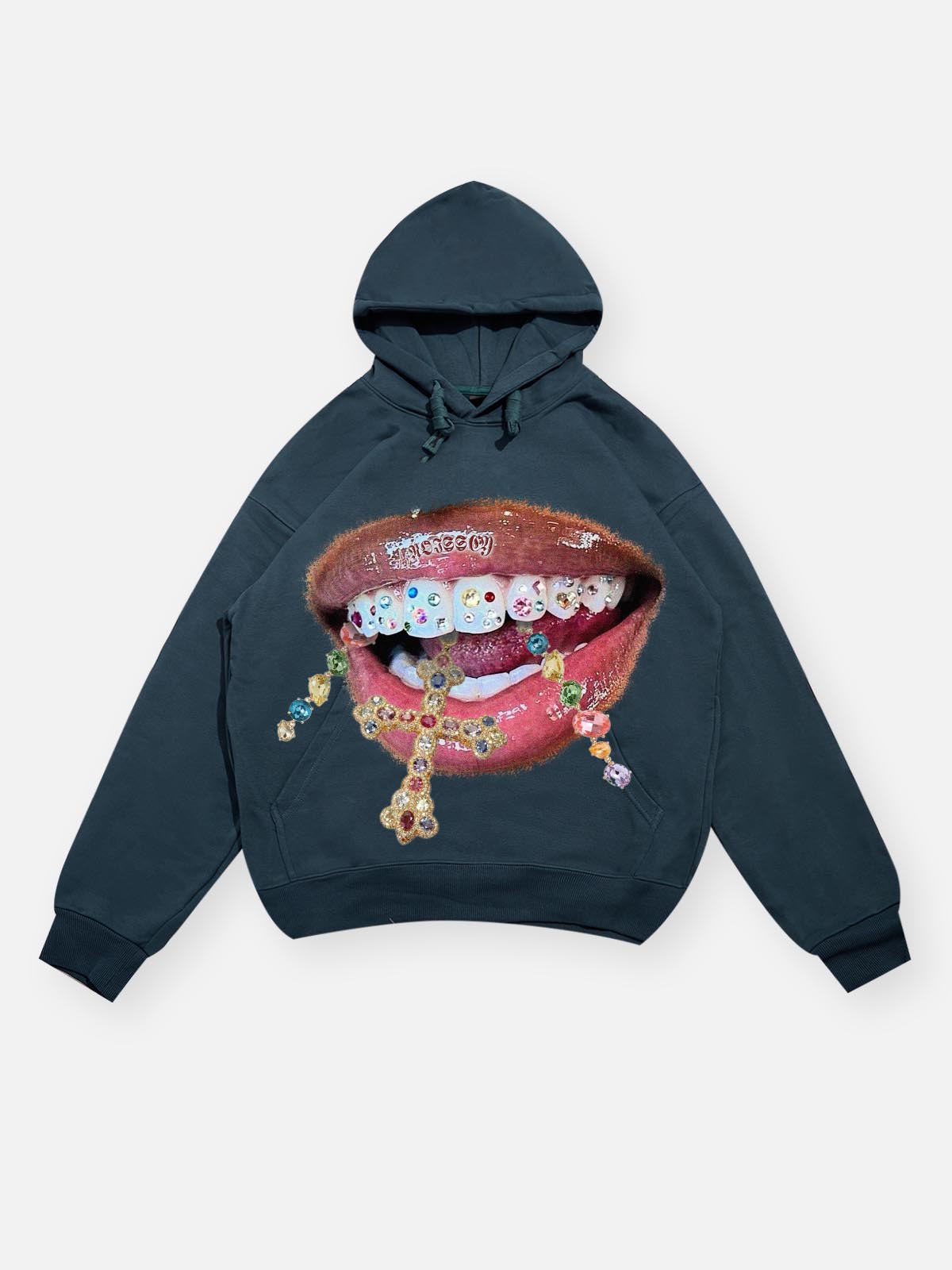 Diamond teeth cross print 420g white Hoodie