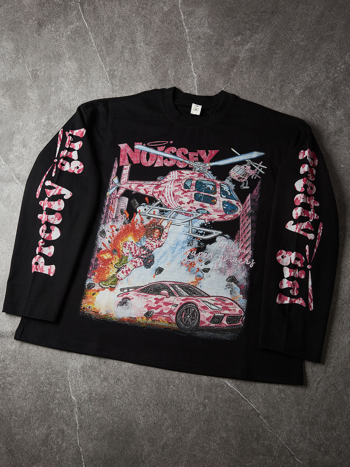 NOISSEY "Pretty Girl Superpowers" Pink Camo Rescue & Crayon Graffiti Black Crewneck Long Sleeve Shirt