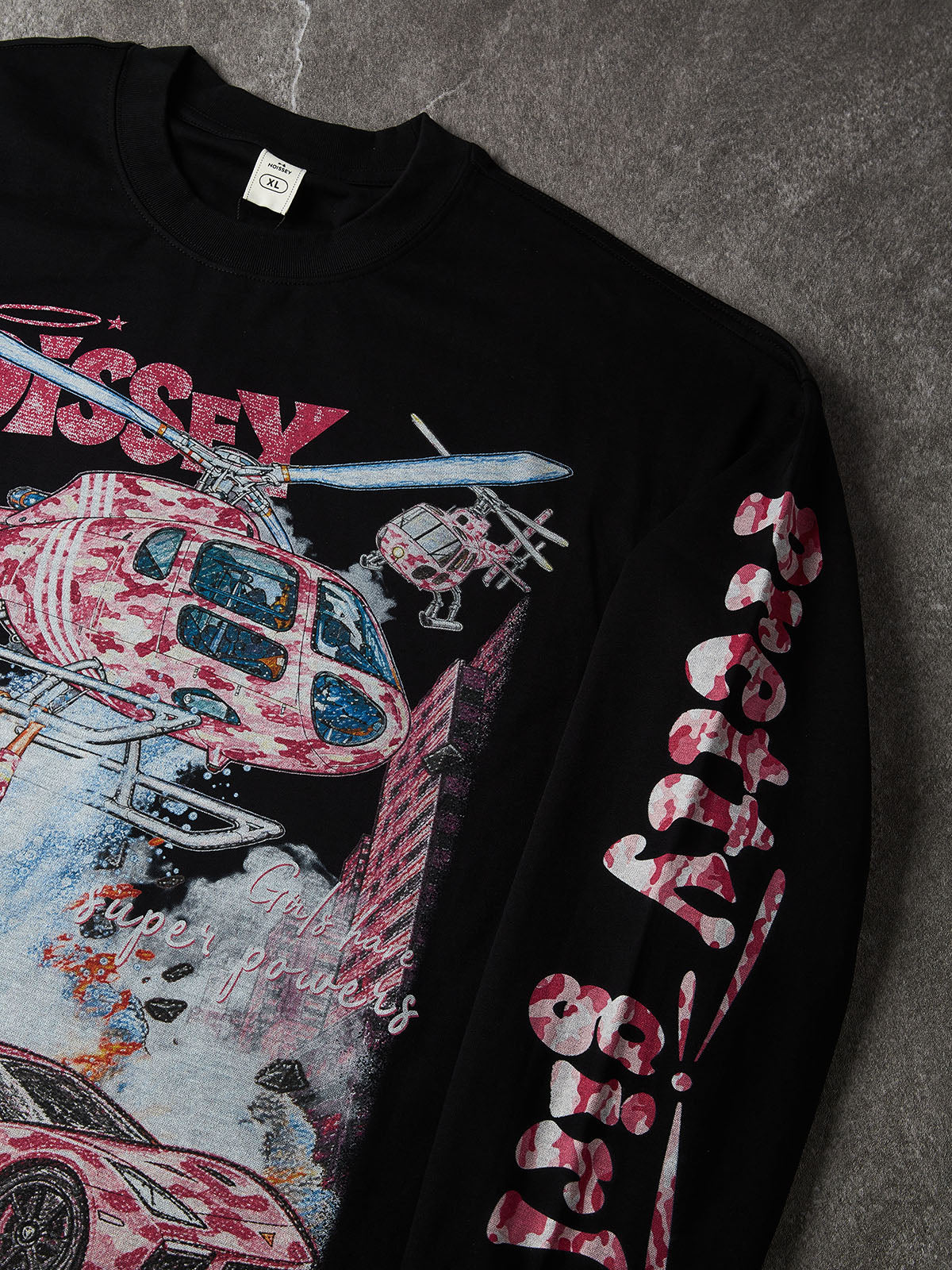 NOISSEY "Pretty Girl Superpowers" Pink Camo Rescue & Crayon Graffiti Black Crewneck Long Sleeve Shirt