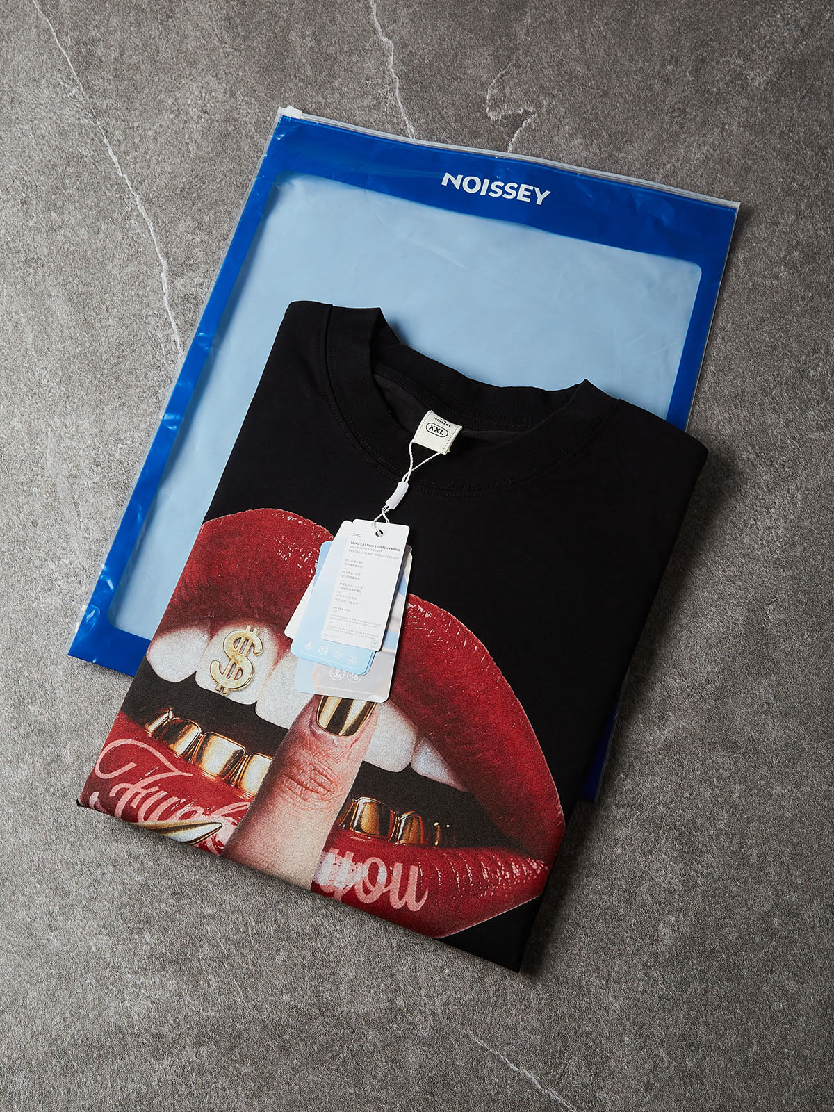 NOISSEY "Attitude & Gold Grillz" Red Lips & Stiletto Nails Graphic Black Oversized T-Shirt