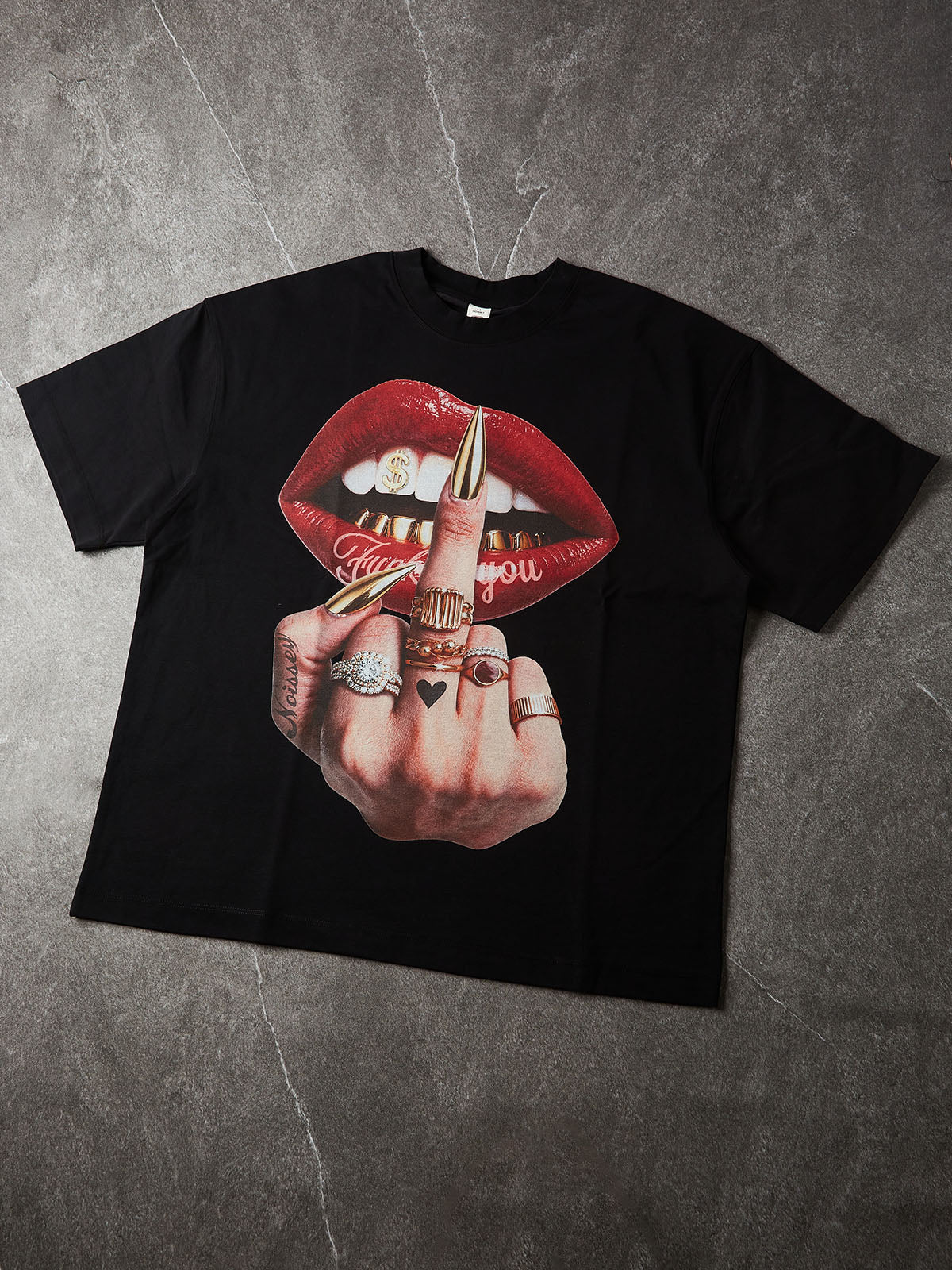 NOISSEY "Attitude & Gold Grillz" Red Lips & Stiletto Nails Graphic Black Oversized T-Shirt