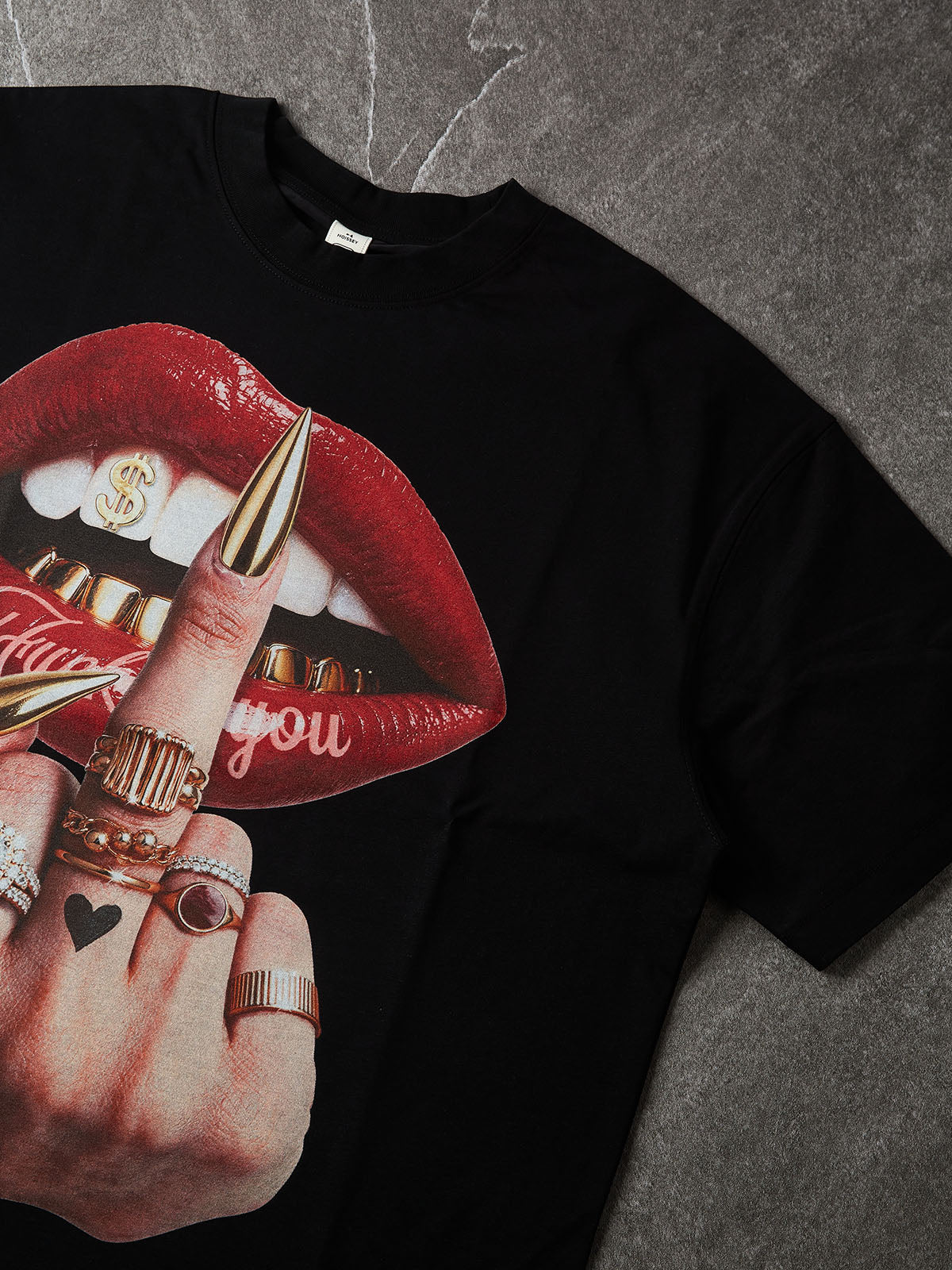 NOISSEY "Attitude & Gold Grillz" Red Lips & Stiletto Nails Graphic Black Oversized T-Shirt