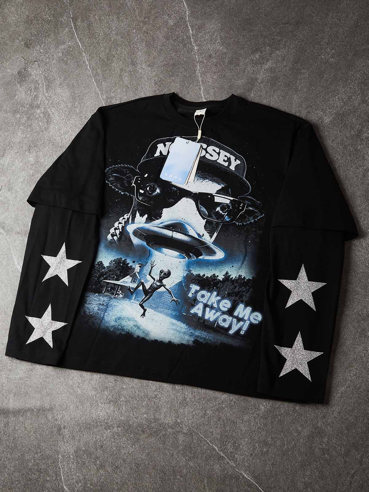 NOISSEY "Take Me Away" Alien Cow UFO Parody Black Fake Two-Piece Long-Sleeve Tee
