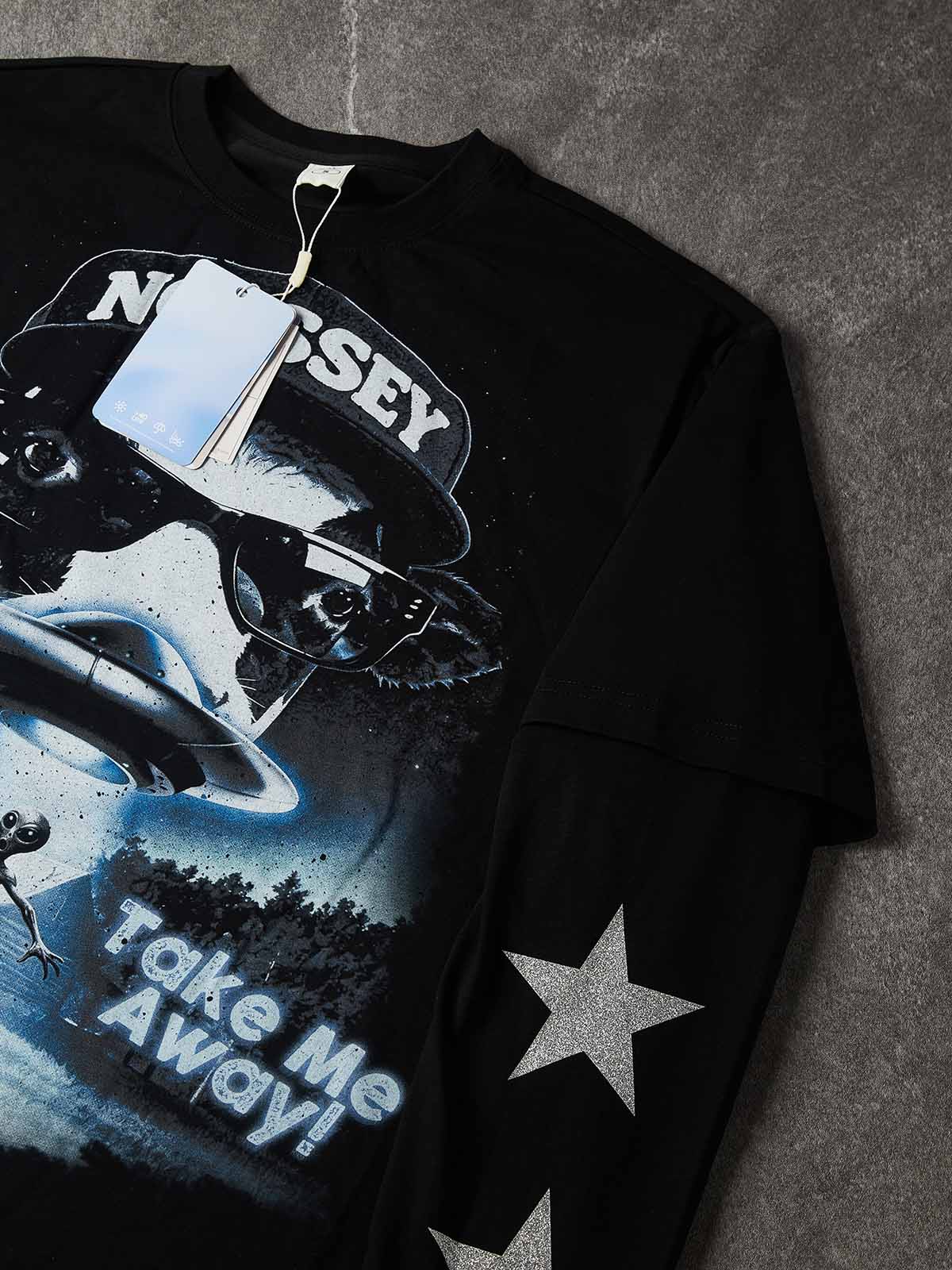NOISSEY "Take Me Away" Alien Cow UFO Parody Black Fake Two-Piece Long-Sleeve Tee