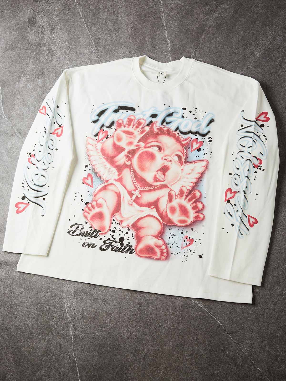 NOISSEY "Trust God &amp; Built on Faith" Airbrushed Pressed Angel White Long Sleeve Shirt