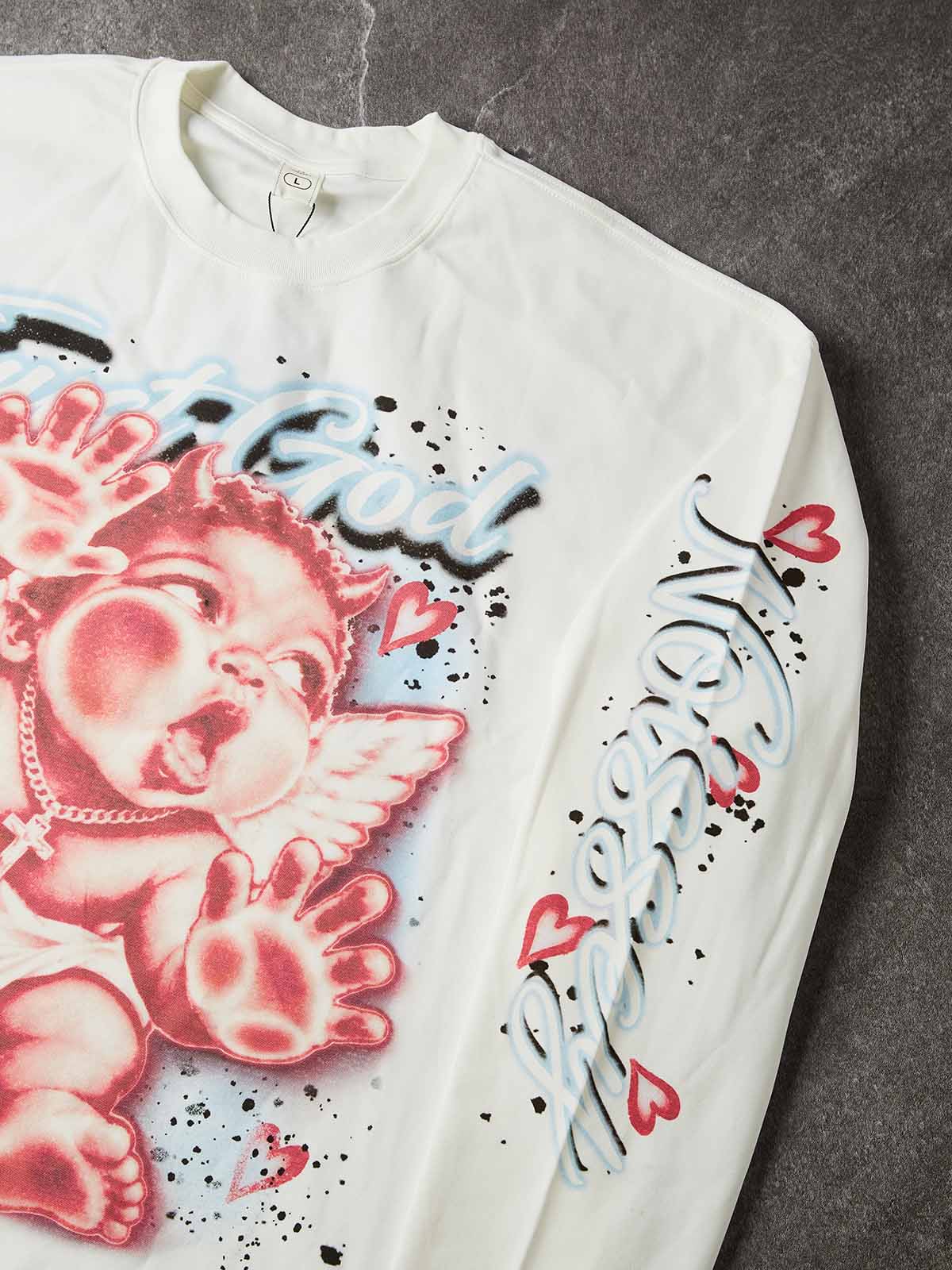 NOISSEY "Trust God &amp; Built on Faith" Airbrushed Pressed Angel White Long Sleeve Shirt