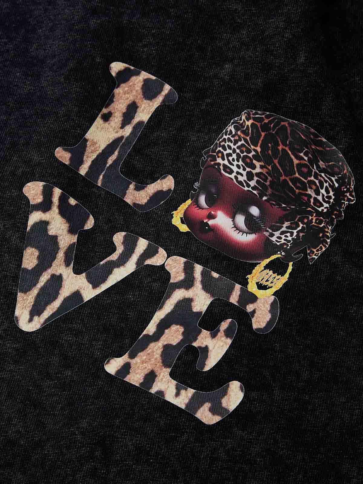 Cartoon girl Print with Leopard Cross Pants (370g)