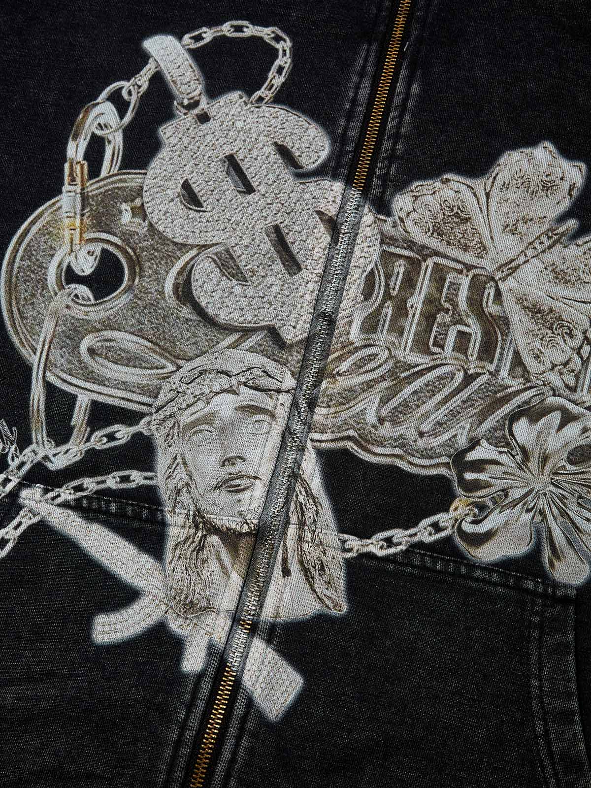 Money Butterfly Jesus Diamond Pendant 350g Black Wash Print Hoodie