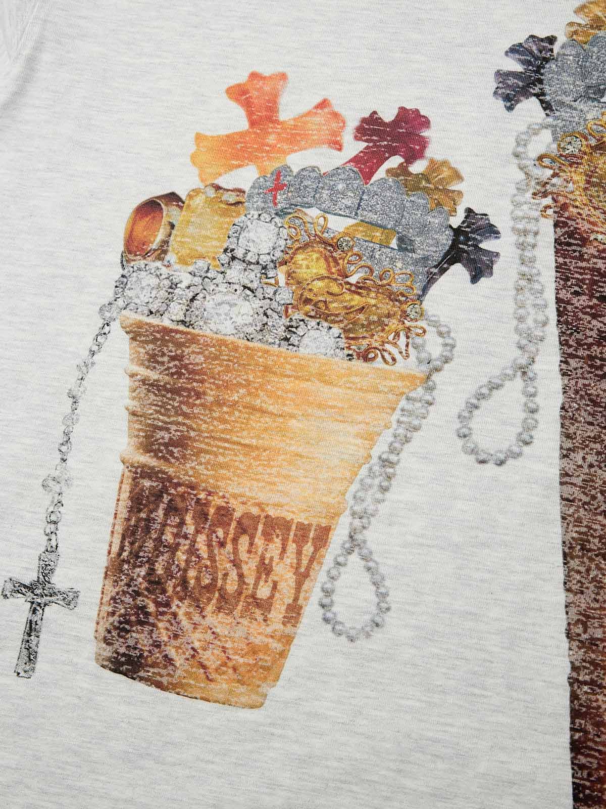 High Quality Vintage Diamond Cross Ice Cream Print 310g T-shirt GRAY