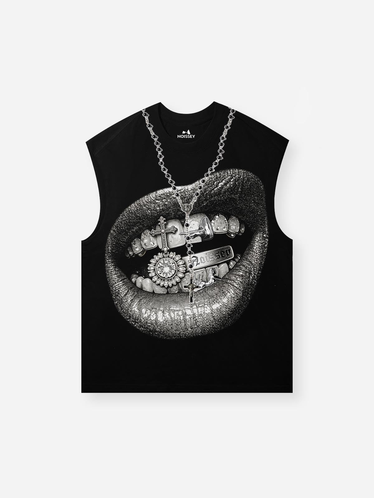 NOISSEY "Iced Grillz" Lip Graphic Boxy Vest (DIY Necklace) - Black Tank Top