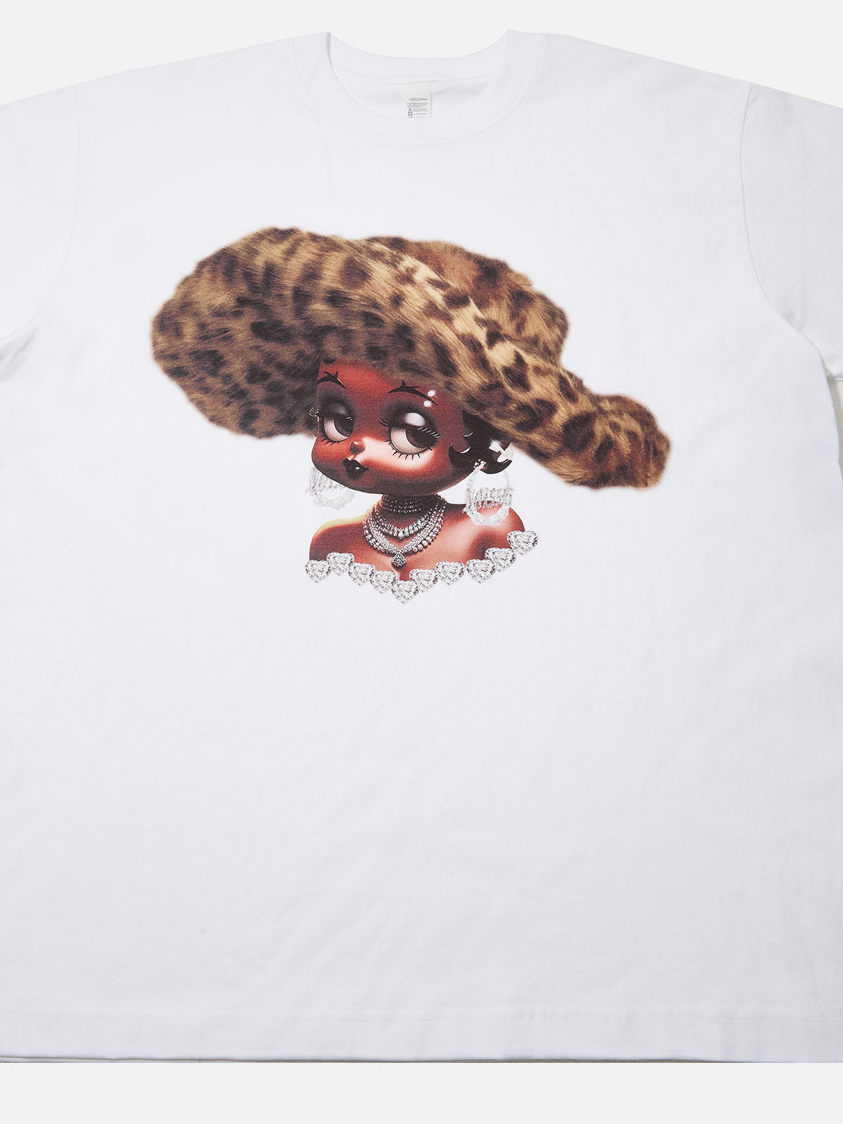 Retro Leopard Print Wide-Brim Hat & Cartoon Girl T-shirt