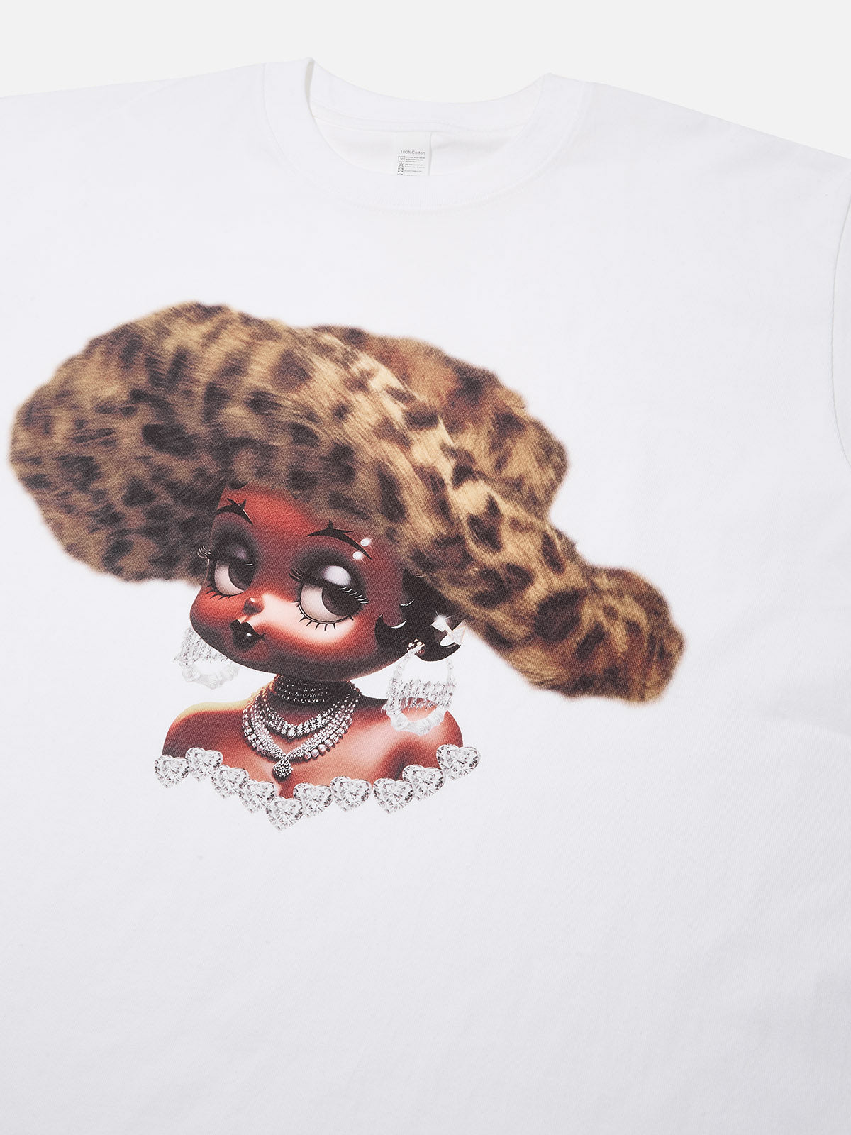 Retro Leopard Print Wide-Brim Hat & Cartoon Girl T-shirt