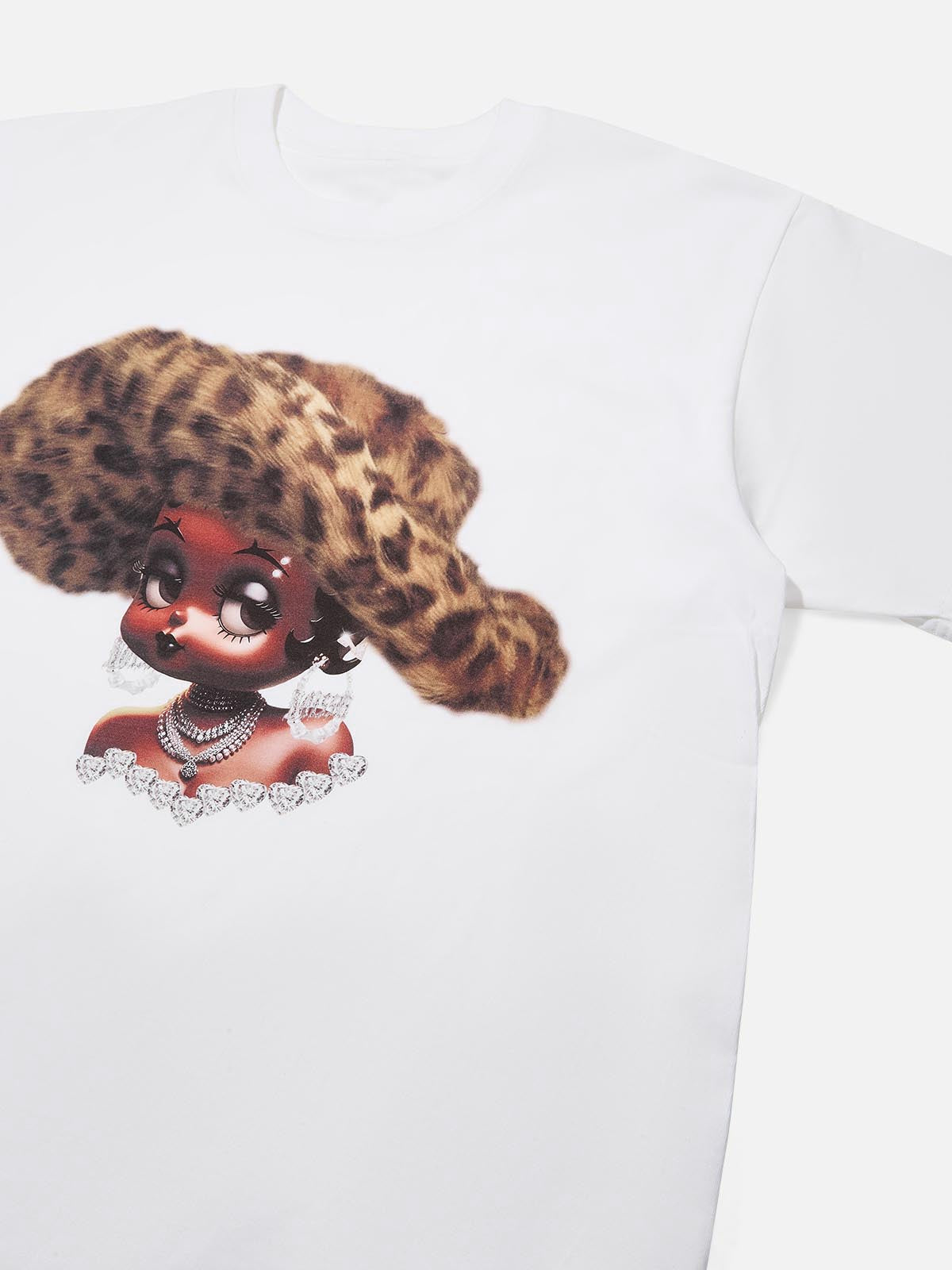 Retro Leopard Print Wide-Brim Hat & Cartoon Girl T-shirt