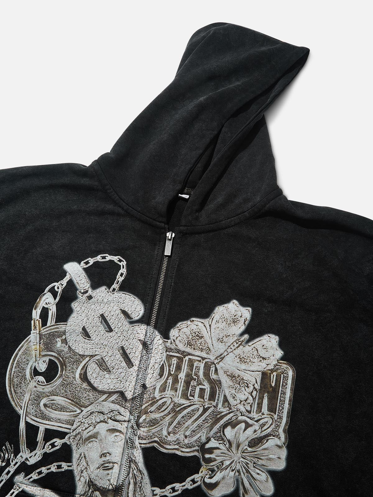 Money Butterfly Jesus Diamond Pendant 350g Black Wash Print Hoodie