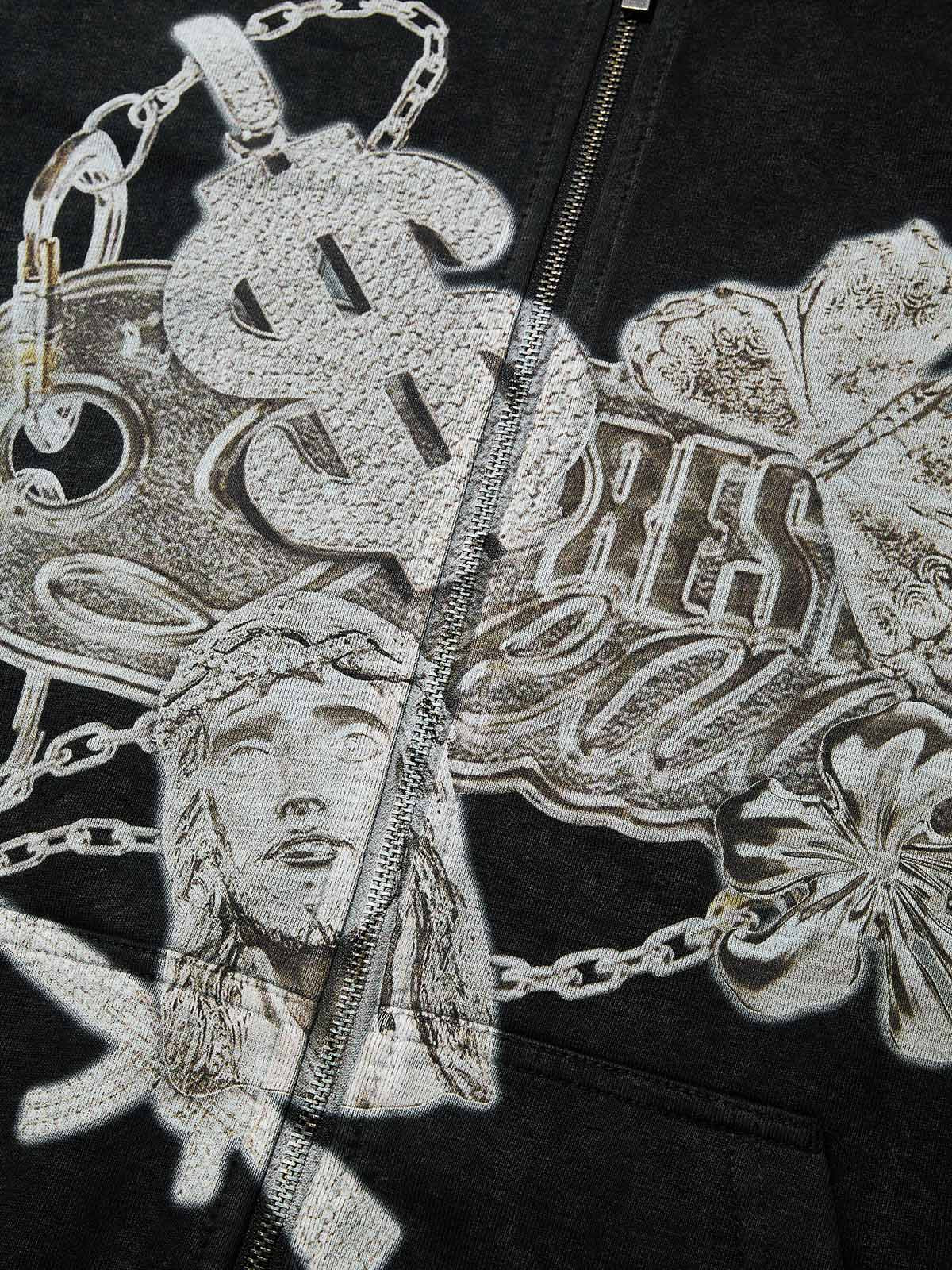 Money Butterfly Jesus Diamond Pendant 350g Black Wash Print Hoodie