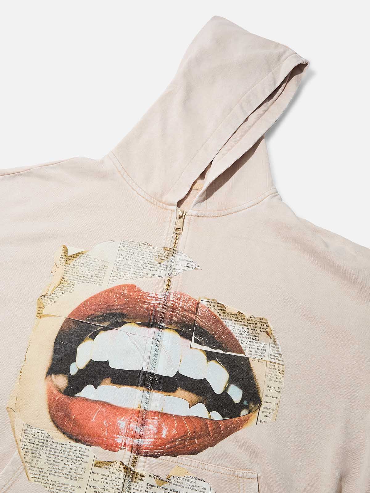 Retro Newspaper Lips 350g Washed Zip-up Hoodie