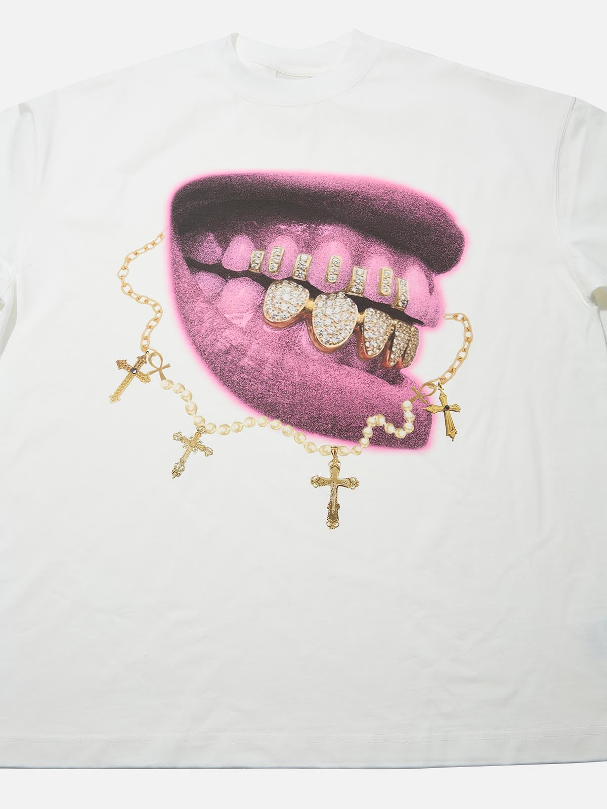 High-Quality Pink Vintage Diamond Lip Print 310g T-shirt