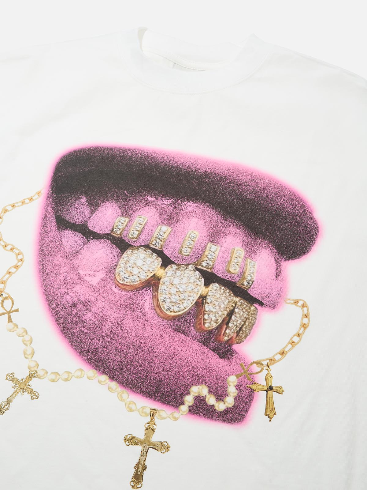 High-Quality Pink Vintage Diamond Lip Print 310g T-shirt