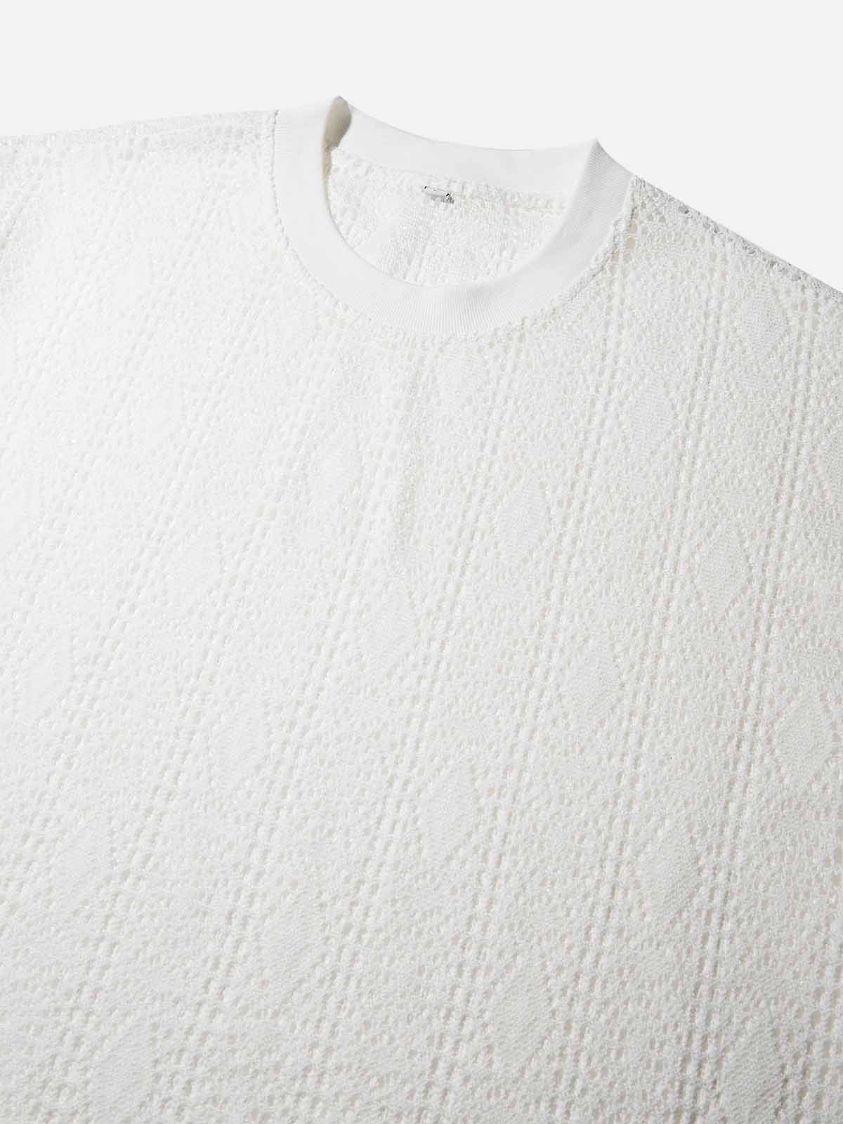 Lace Mesh Loose Casual See-Through Round Neck T-Shirt