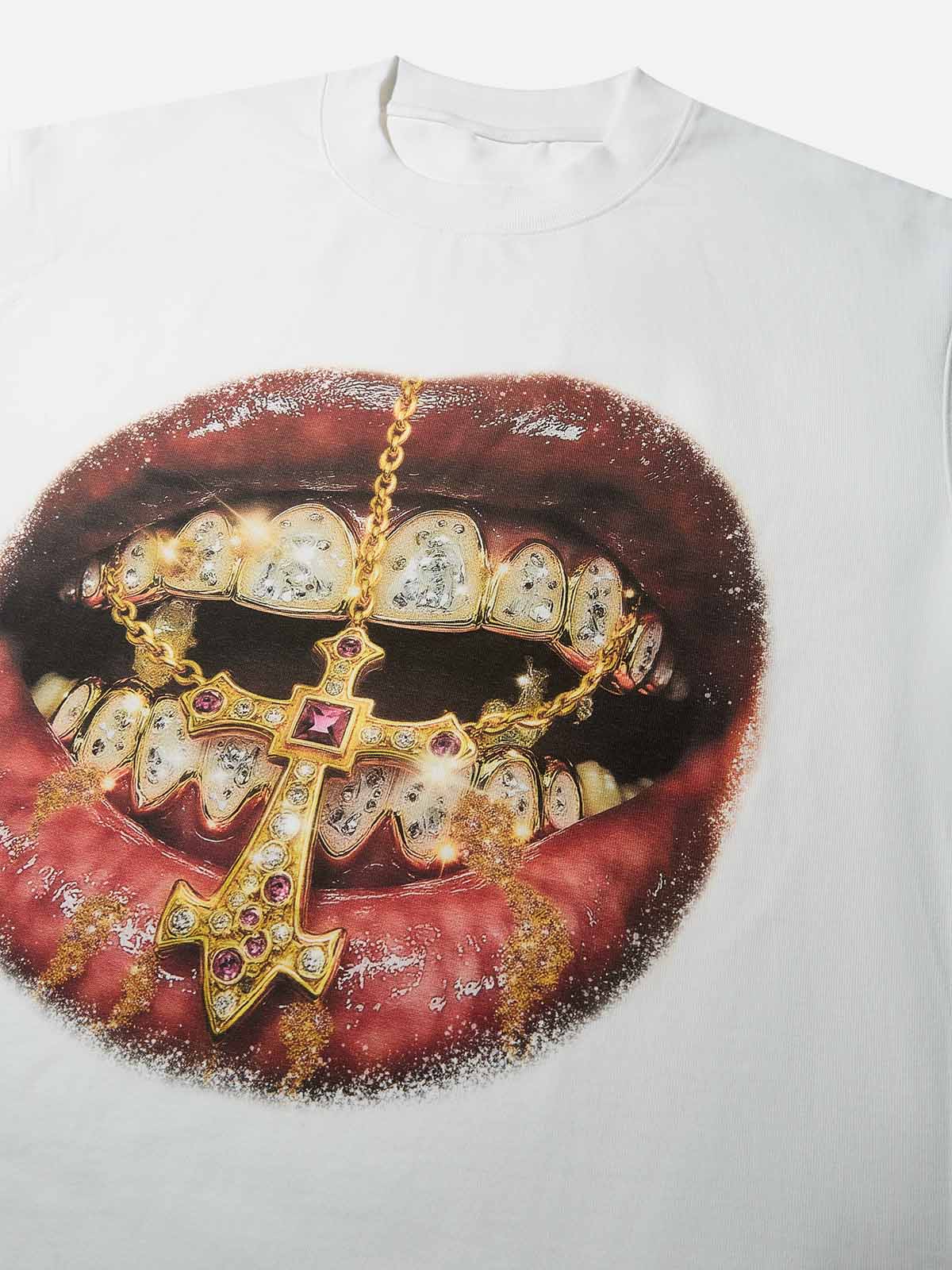 High-Quality Golden Cross Diamond Patch Grills Print 350g T-shirt