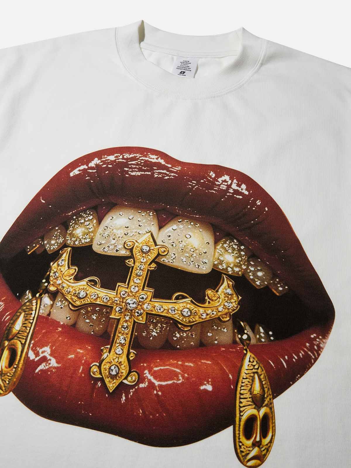 Boxy Oversized T-shirt Gold Diamond Ring and Mask Culture Lip Print