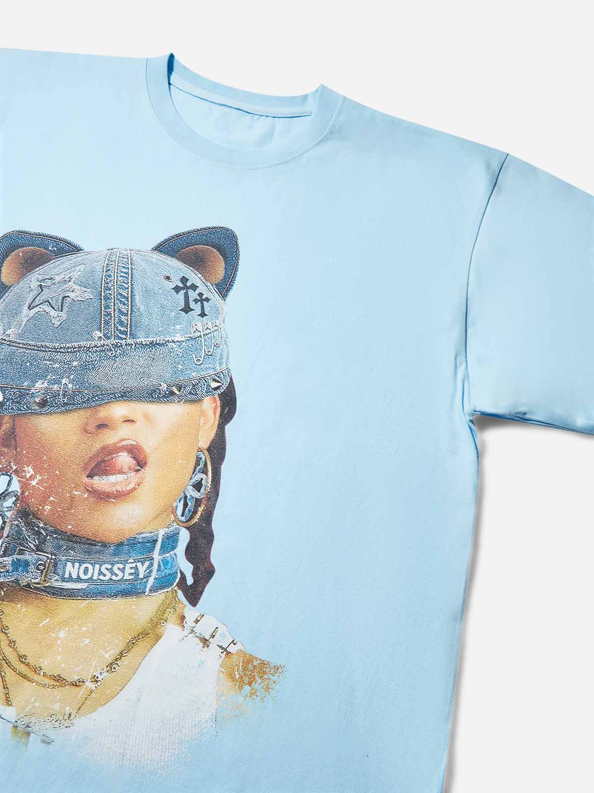 Denim Girl Cat-Ear Cap Sky Blue Print T-Shirt