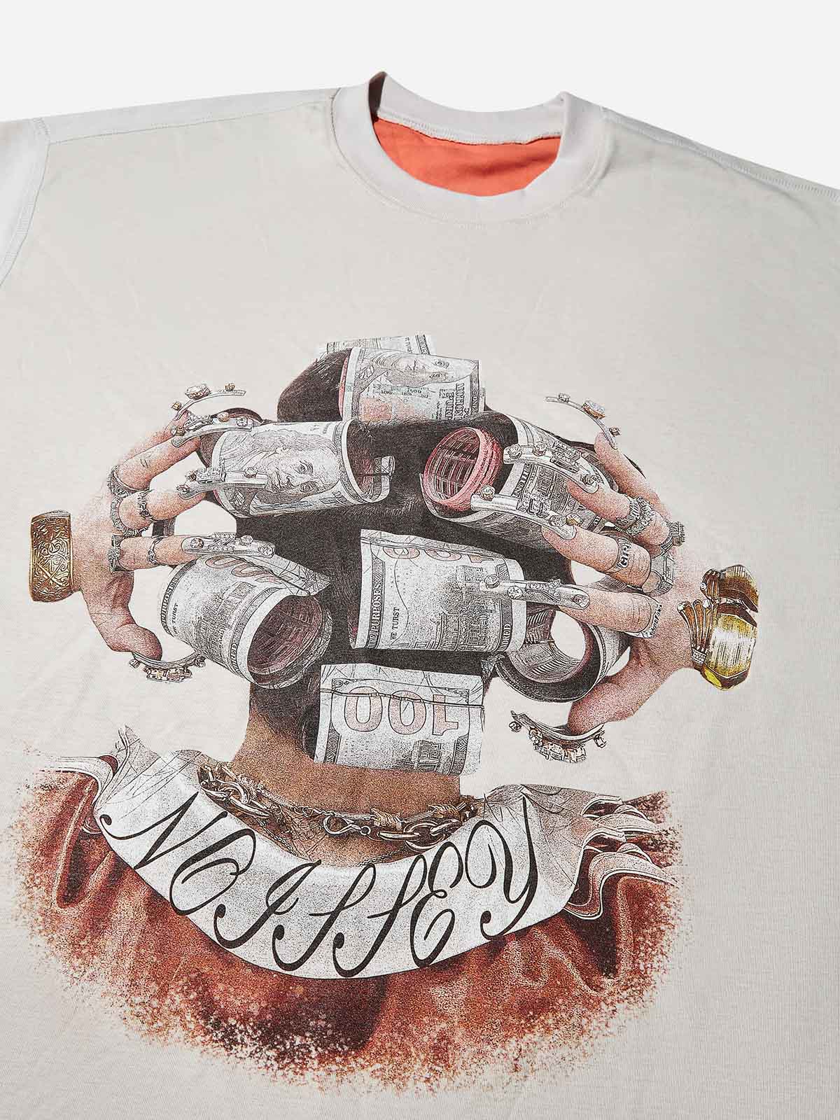 Money-Wrapped Head Street Print Washed Two-Tone T-Shirt