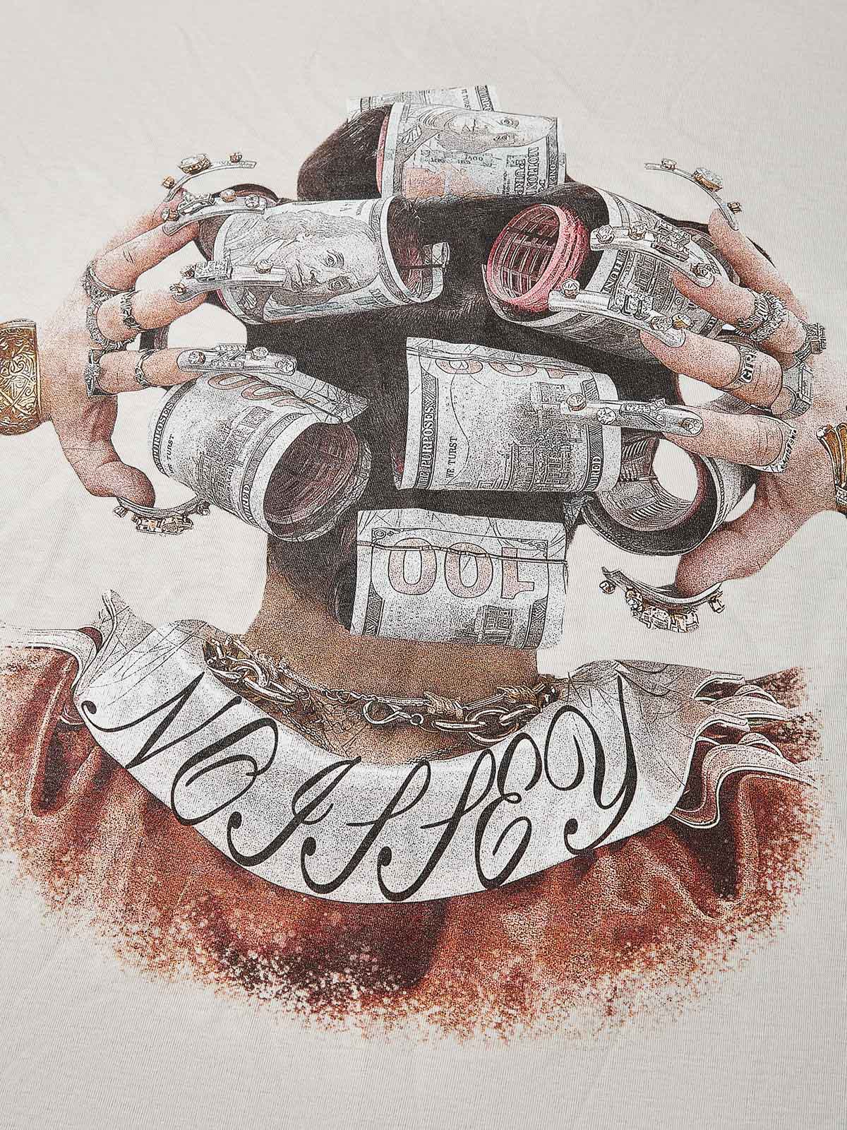 Money-Wrapped Head Street Print Washed Two-Tone T-Shirt