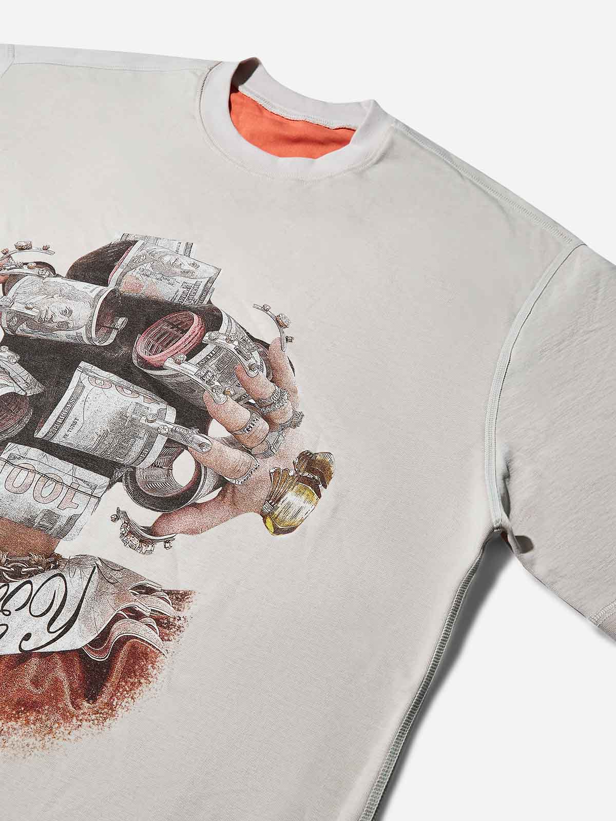 Money-Wrapped Head Street Print Washed Two-Tone T-Shirt