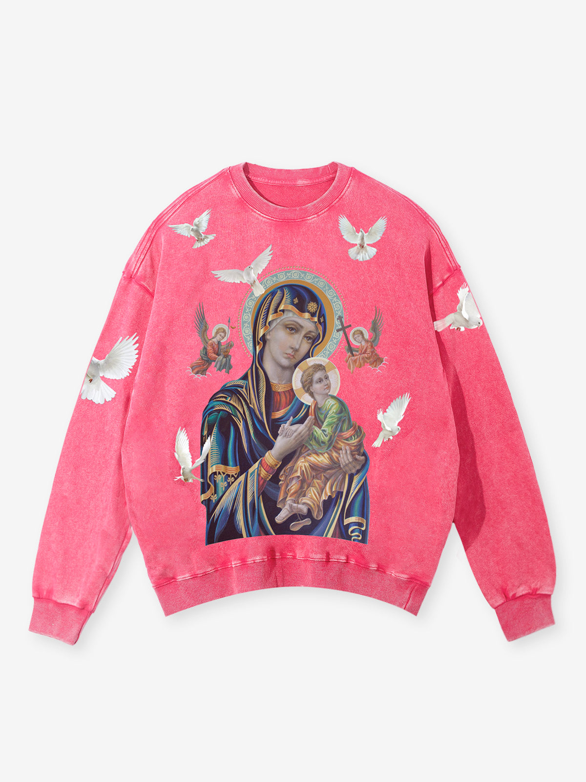 Sweat-shirt noir à col rond rose avec la Vierge et l'Enfant UNKNOWN ALLURE© 350G