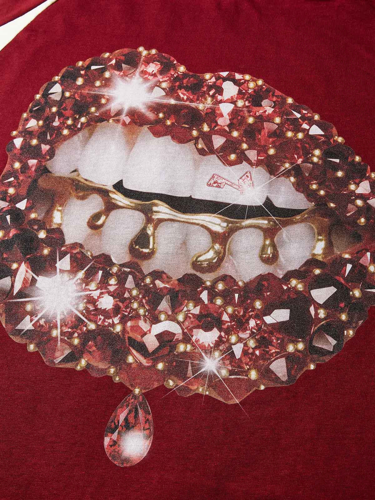 Red Gem Sparkle Lip Print Preppy T-shirt