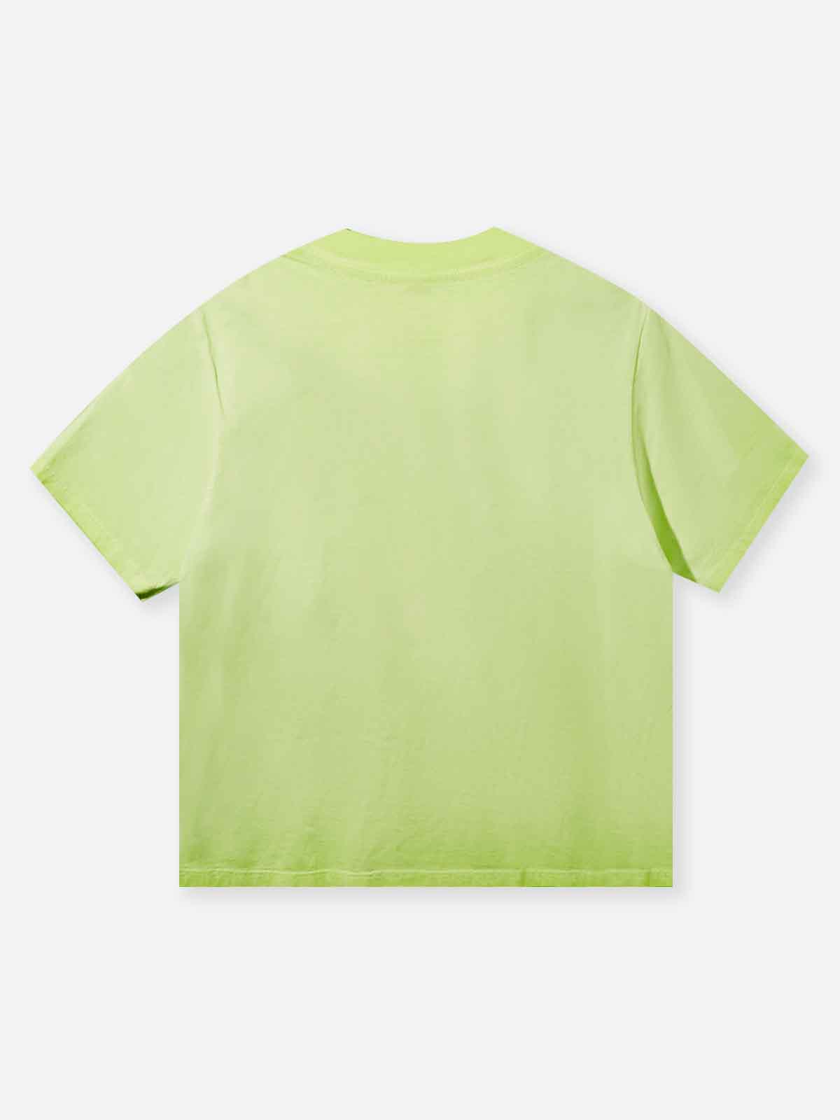 Black Cartoon Girl Glamorous Print Fluorescent Green Washed T-shirt